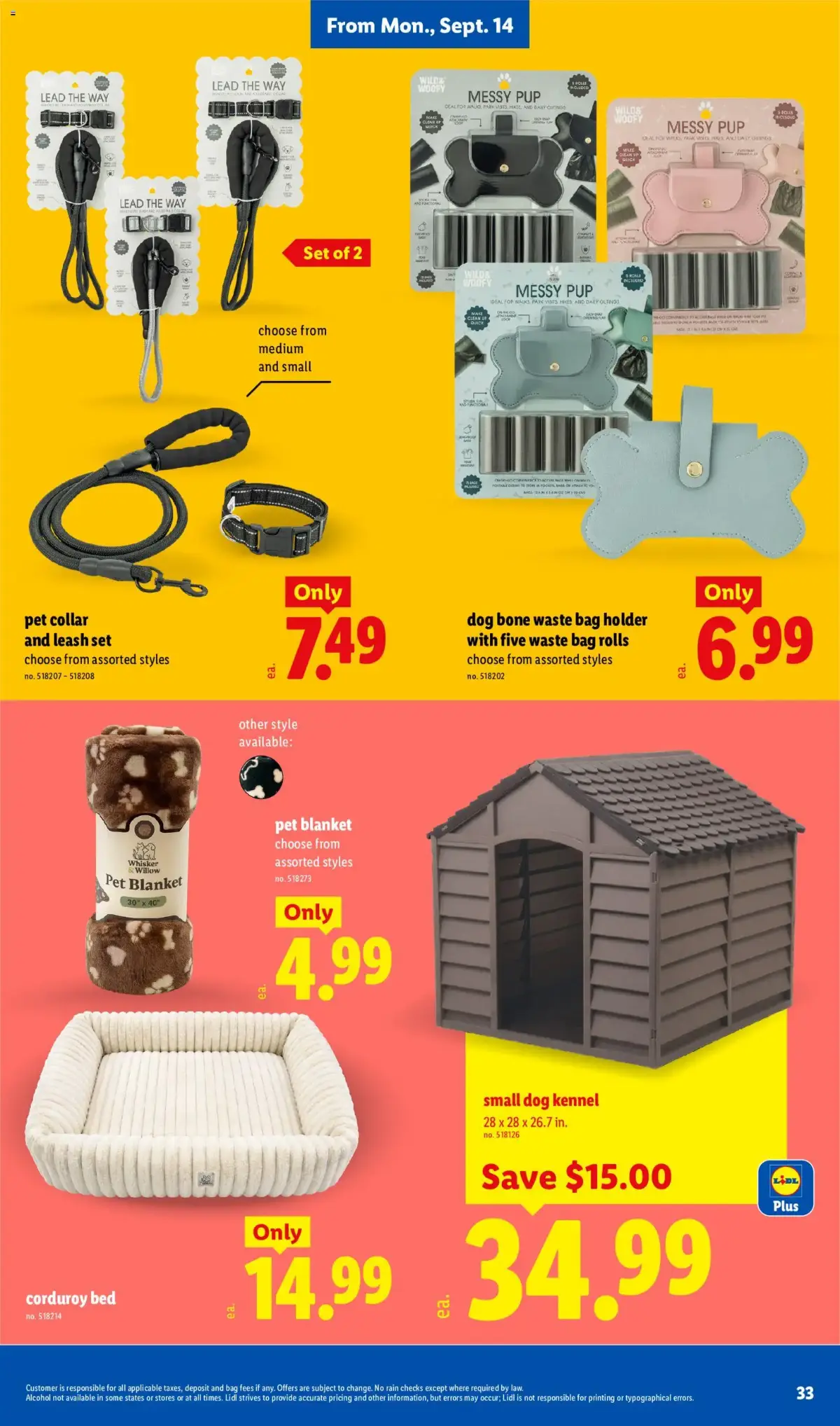 Lidl Weekly Ad, page 33 of 34, valid 09/09/2026 - 09/15/2026 — Messy Pup, Pet Blanket, Pet Collar, Dog Kennel