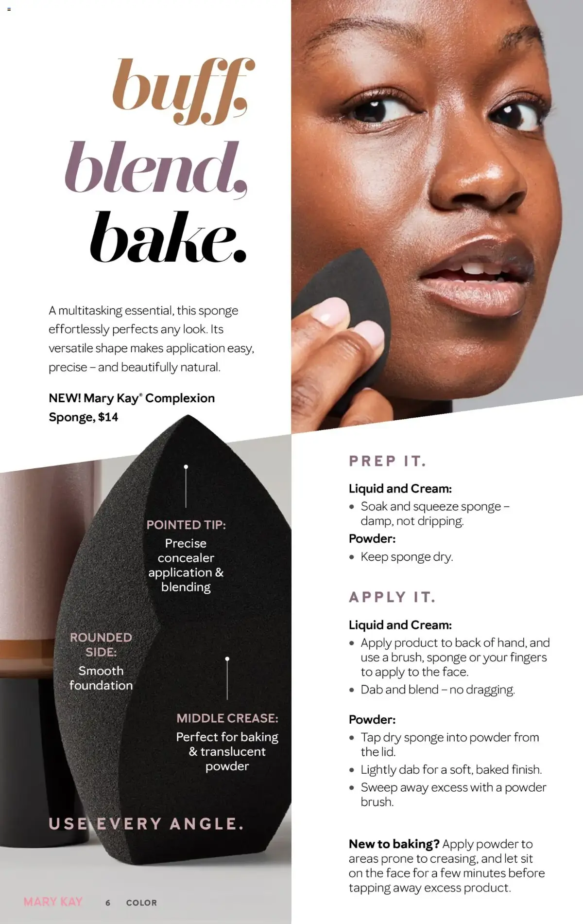 Mary Kay The Look Summer 2026, page 6 of 36, valid 05/16/2026 - 09/16/2026 — Powder, Sponge Dry, This Sponge, Pointed Tip