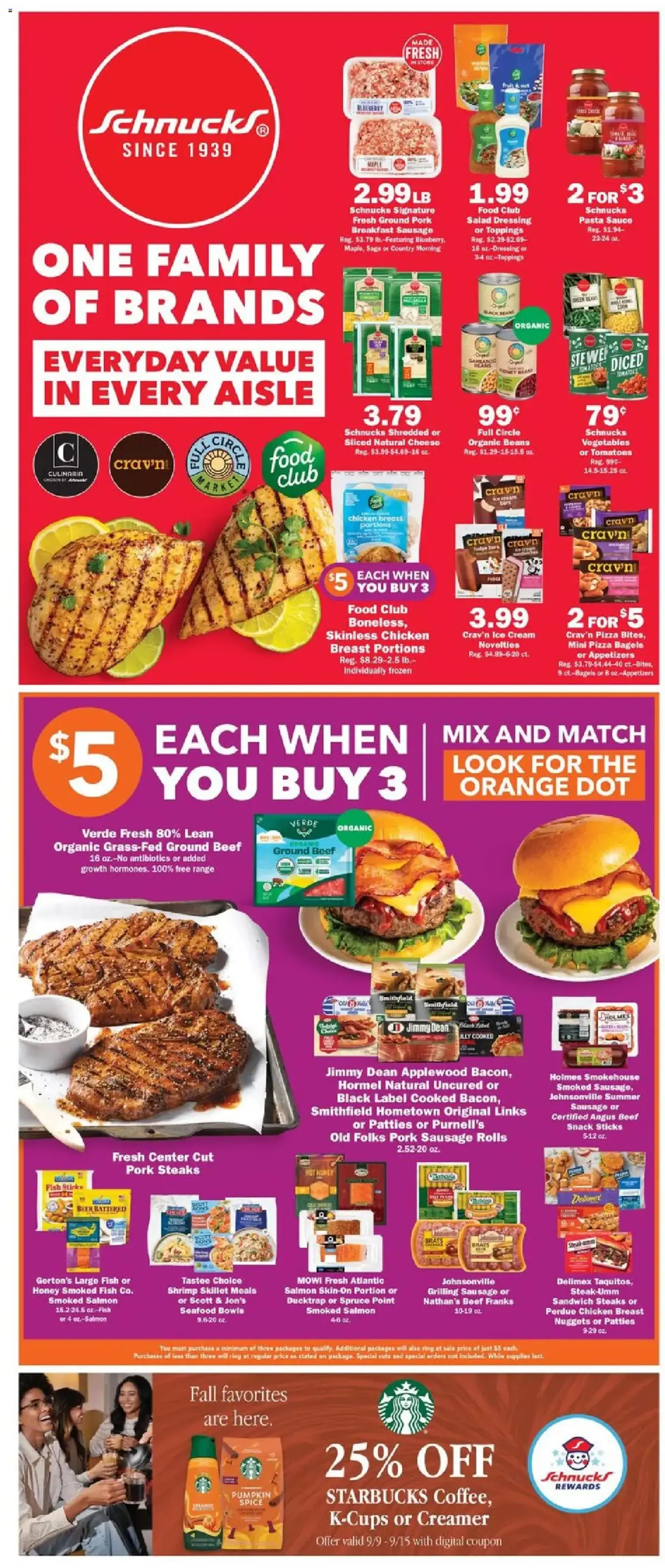 Schnucks Weekly Ad, page 2 of 5, valid 09/09/2026 - 09/15/2026 — Food Club, Ice Cream, Orange Dot, Large Fish