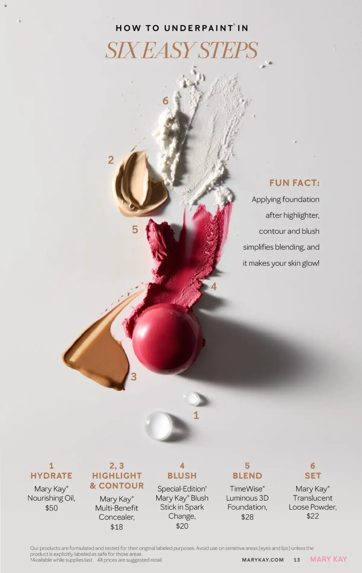 Mary Kay The Look Summer 2026, page 13 of 36, valid 05/16/2026 - 09/16/2026 — Fun Fact, Easy Steps, Stick Spark, Loose Powder