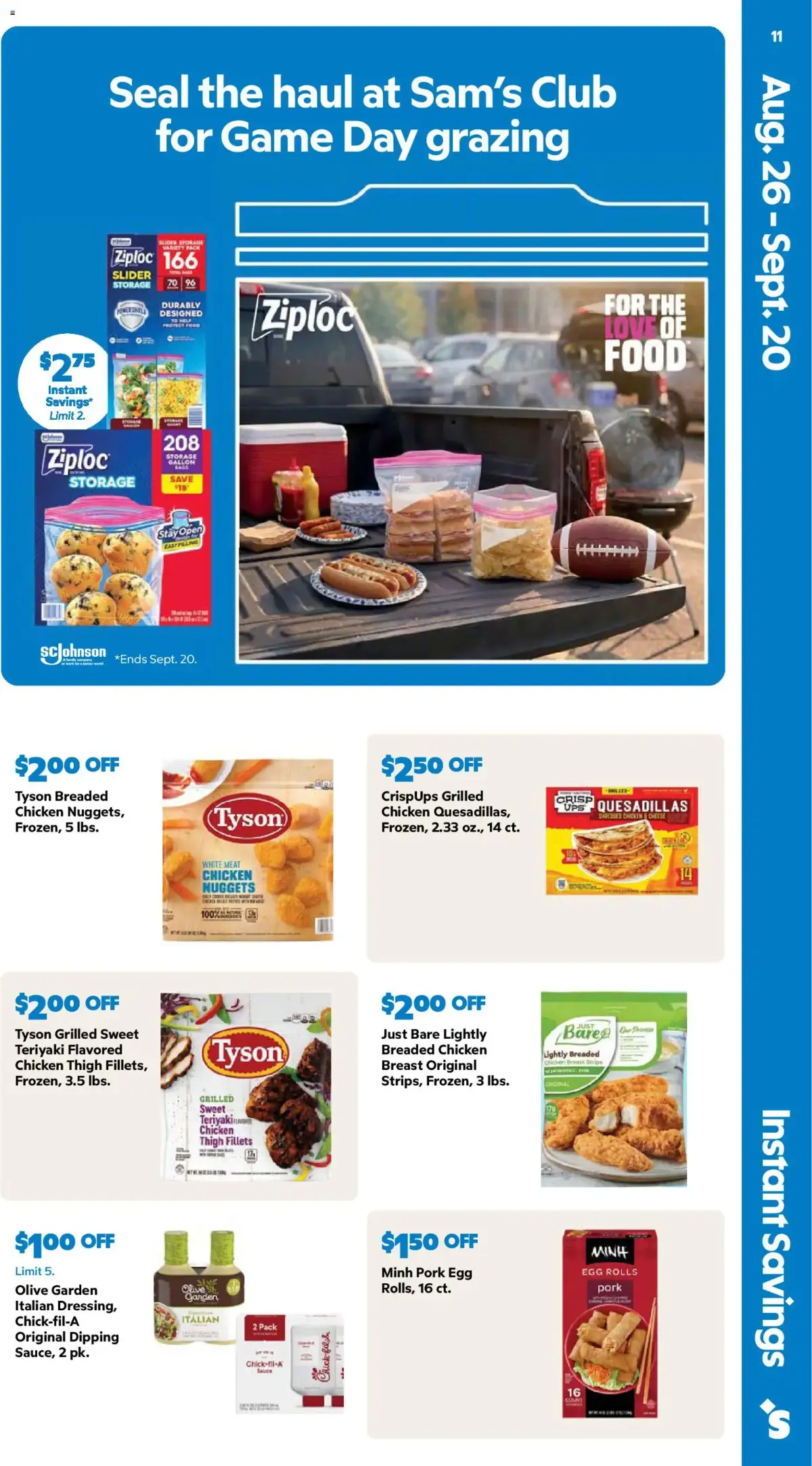 Sam's Club Weekly Ad, page 11 of 44, valid 08/26/2026 - 09/20/2026 — Frozen, Thigh Fillets, Storage, Chicken