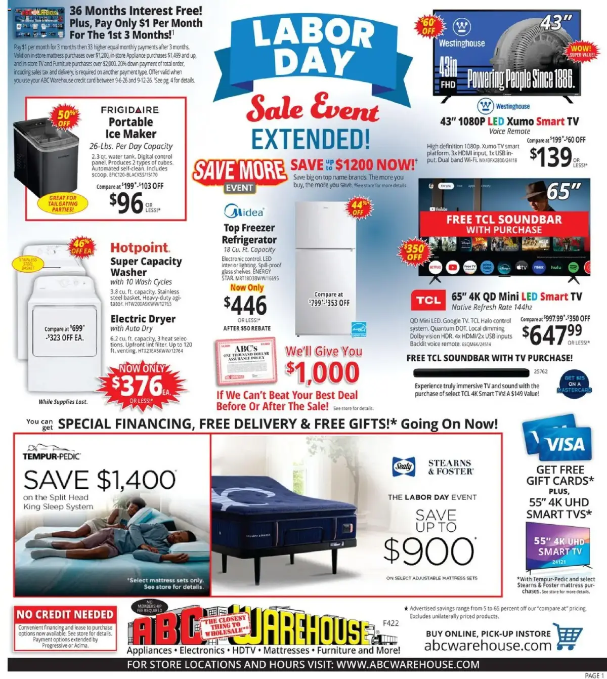 ABC Warehouse Weekly Ad, page 1 of 4, valid 09/06/2026 - 09/12/2026