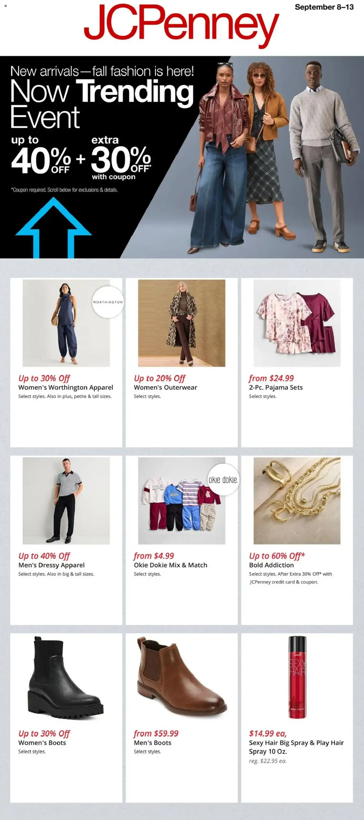 JCPenney Weekly Ad, page 1 of 11, valid 09/08/2026 - 09/13/2026 — Select Styles, Men's Boots, Dressy Apparel, Bold Addiction