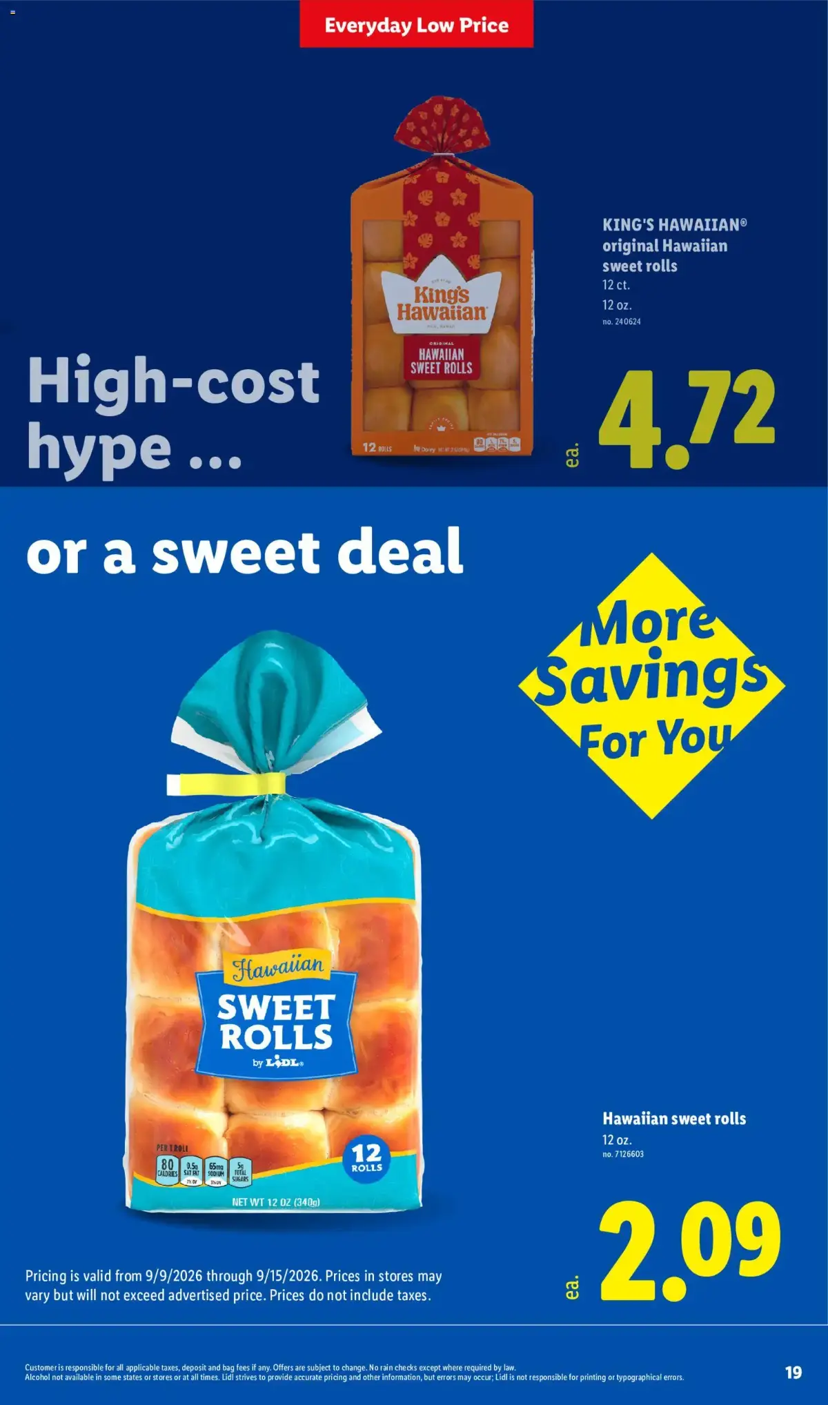Lidl Weekly Ad, page 19 of 34, valid 09/09/2026 - 09/15/2026 — Sweet Rolls, Hawaiian, Kings, High-cost
