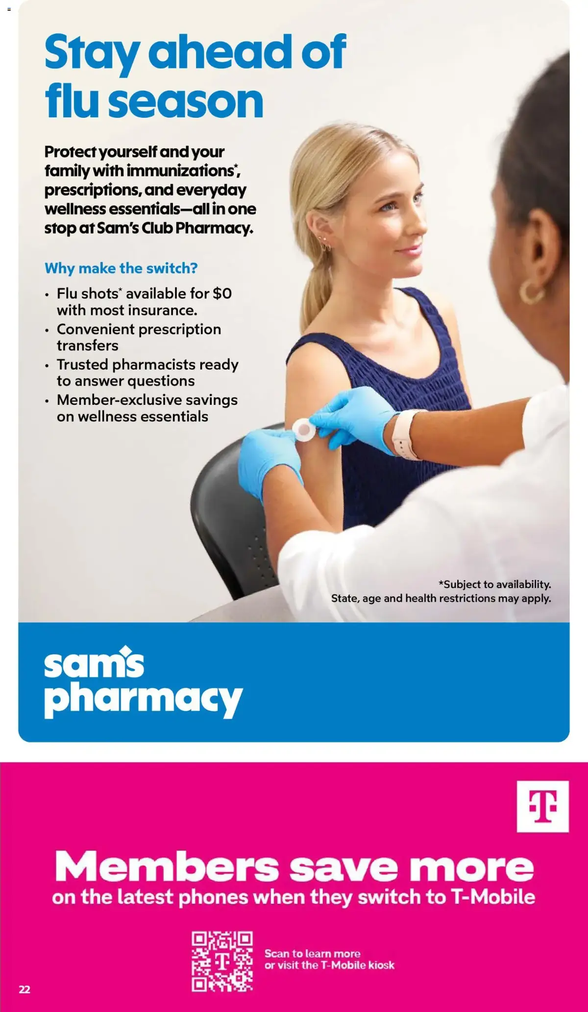 Sam's Club Weekly Ad, page 22 of 44, valid 08/26/2026 - 09/20/2026 — Stay Ahead, Flu Season, Answer Questions, Pharmacists Ready