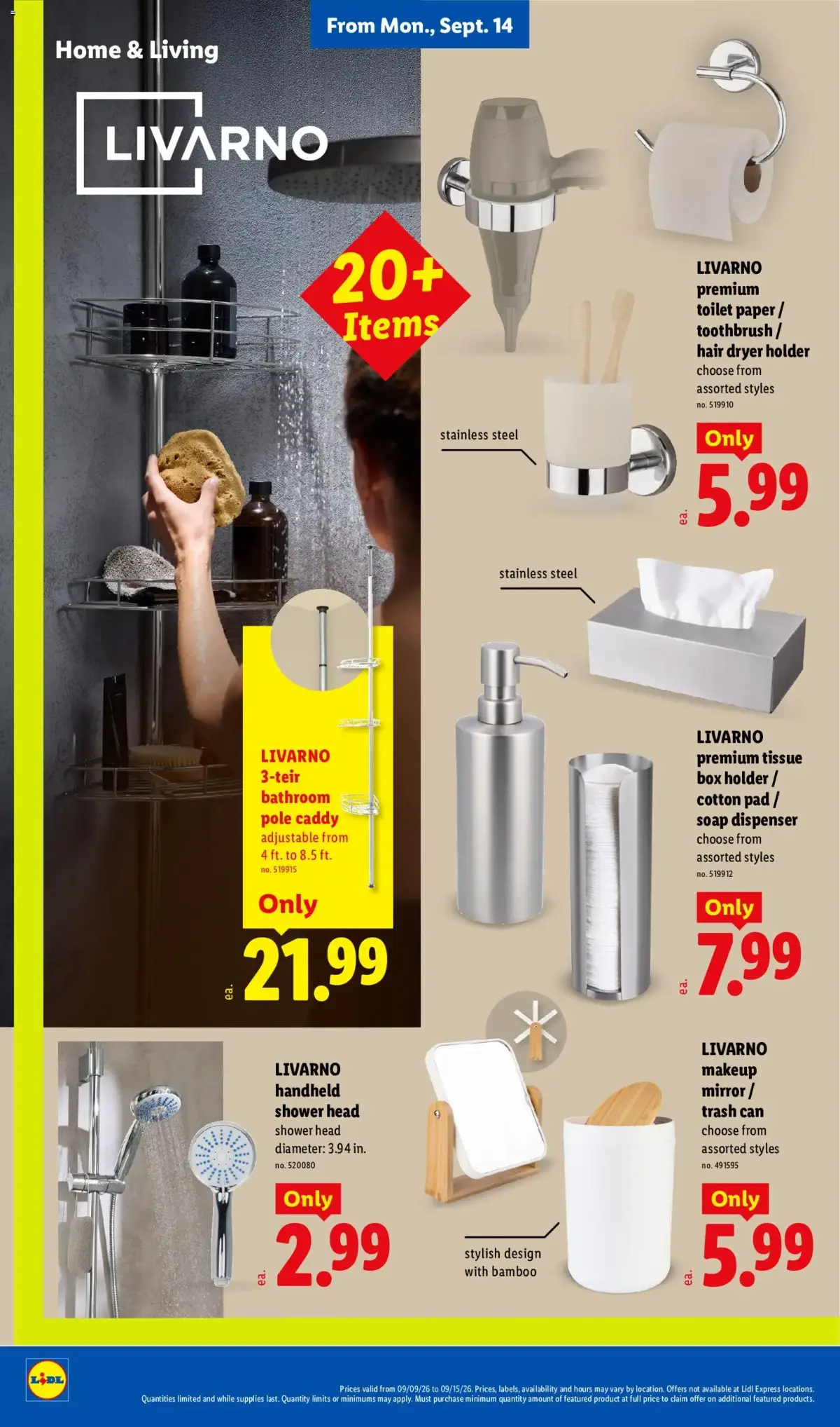 Lidl Weekly Ad, page 30 of 34, valid 09/09/2026 - 09/15/2026 — Shower Head, Stainless Steel, Pole Caddy, Cotton Pad