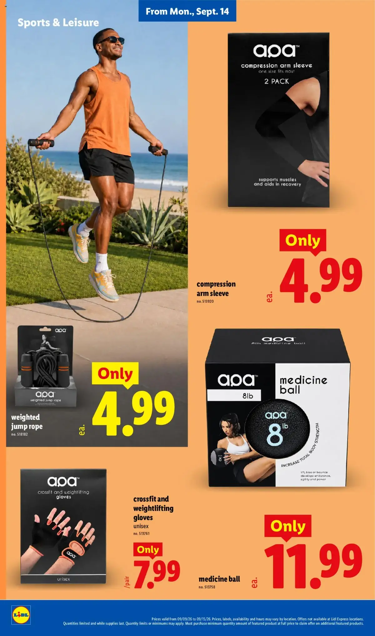 Lidl Weekly Ad, page 28 of 34, valid 09/09/2026 - 09/15/2026 — Arm Sleeve, Gloves, Compression, Jump Rope