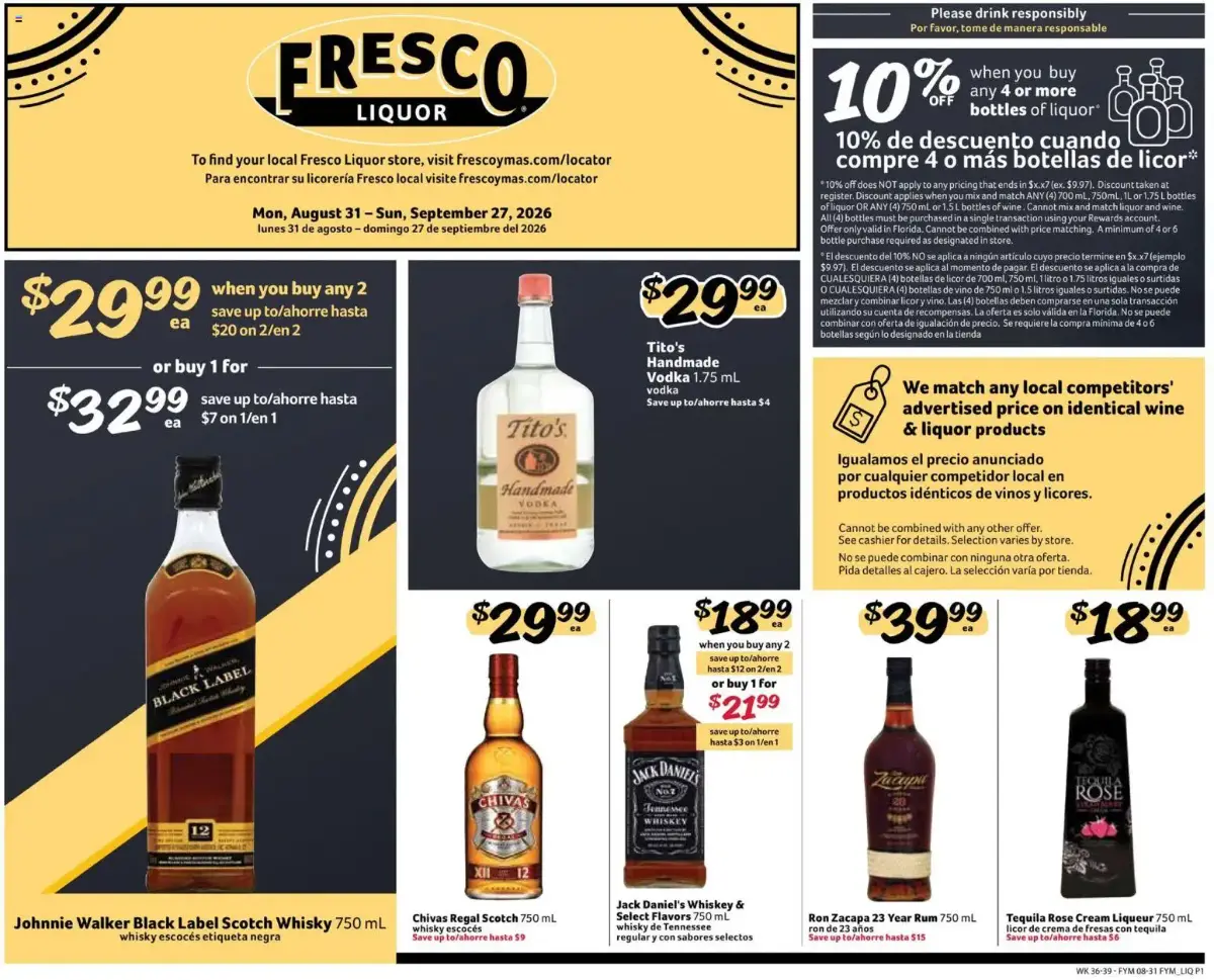 18+ Fresco y Más Alcohol Flyer, page 1 of 4, valid 08/31/2026 - 09/27/2026