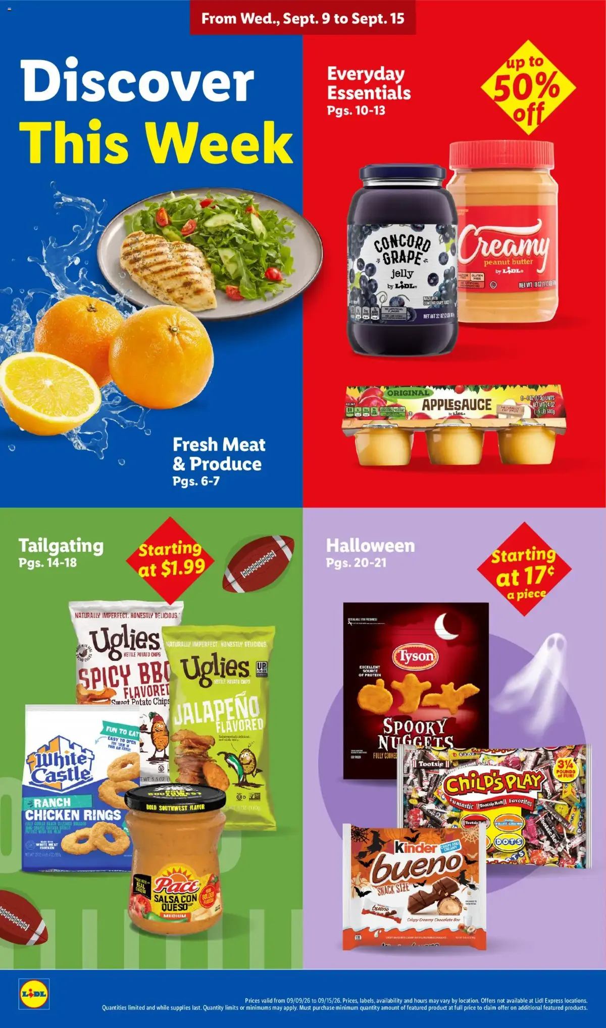 Lidl Weekly Ad, page 2 of 34, valid 09/09/2026 - 09/15/2026 — Potato Chips, Starting, Fully Cooked, Peanut Butter