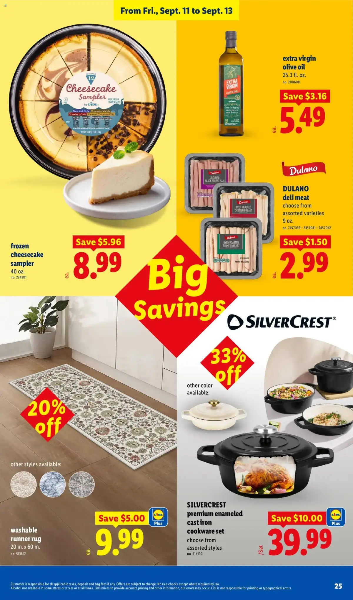 Lidl Weekly Ad, page 25 of 34, valid 09/09/2026 - 09/15/2026 — Cheesecake, Olive Oil, Deli Meat, Cast Iron