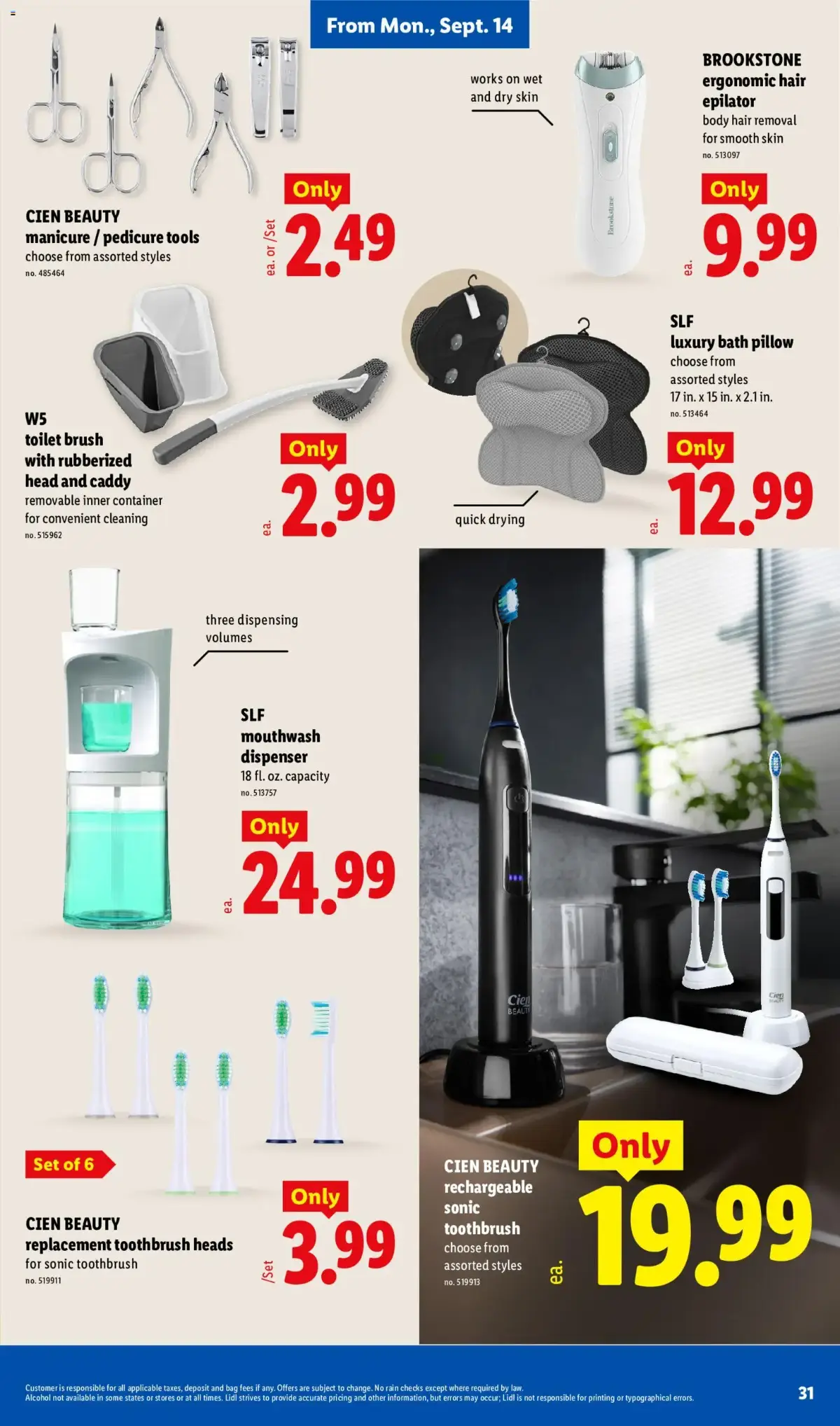 Lidl Weekly Ad, page 31 of 34, valid 09/09/2026 - 09/15/2026 — Cien Beauty, Works Wet, Bath Pillow, Toilet Brush