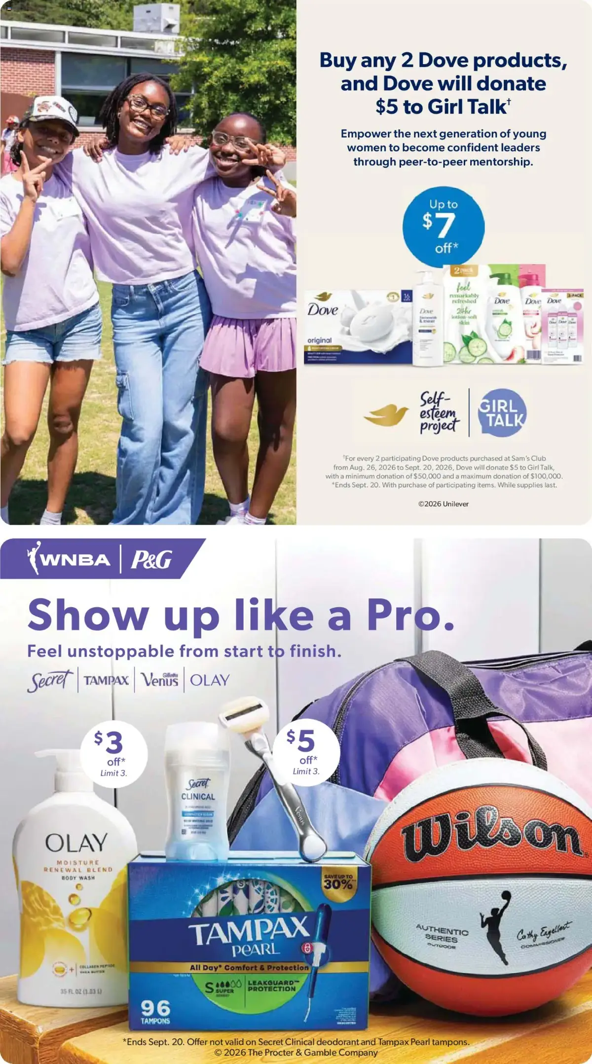 Sam's Club Weekly Ad, page 4 of 44, valid 08/26/2026 - 09/20/2026 — Like Pro, Girl Talk, Body Wash, Secret Tampax