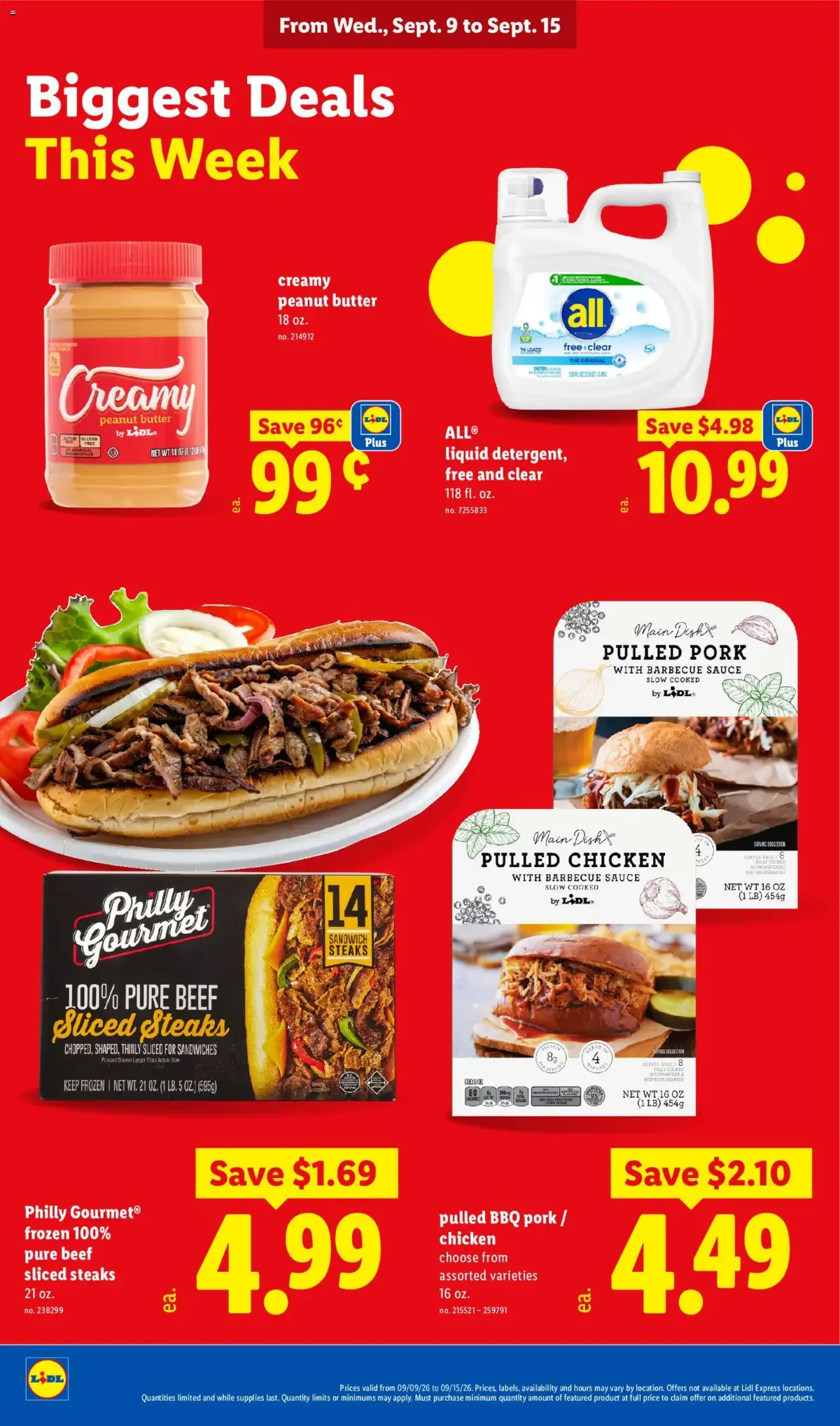 Lidl Weekly Ad, page 8 of 34, valid 09/09/2026 - 09/15/2026 — Pure Beef, Peanut Butter, Sliced Steaks, Creamy