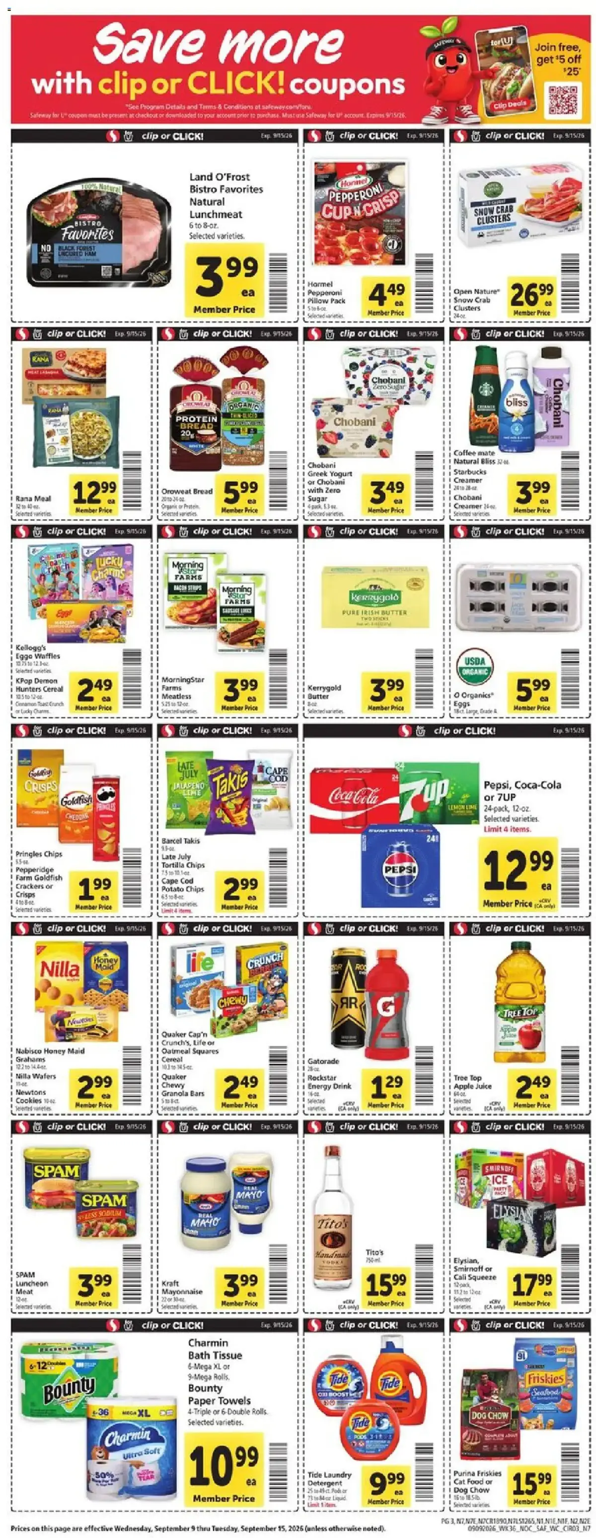 Safeway Weekly Ad, page 3 of 10, valid 09/09/2026 - 09/15/2026 — Clip Click, Dip Click, Jimmy Dean, Dean Bacon