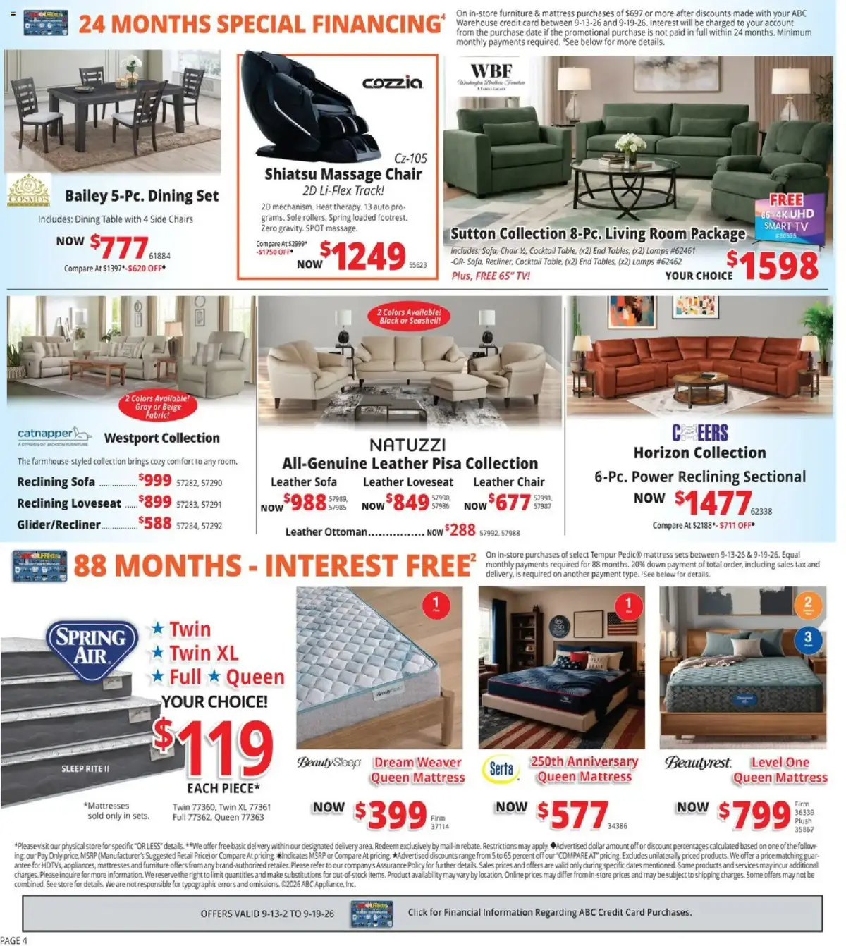 ABC Warehouse Weekly Ad, page 4 of 4, valid 09/13/2026 - 09/19/2026