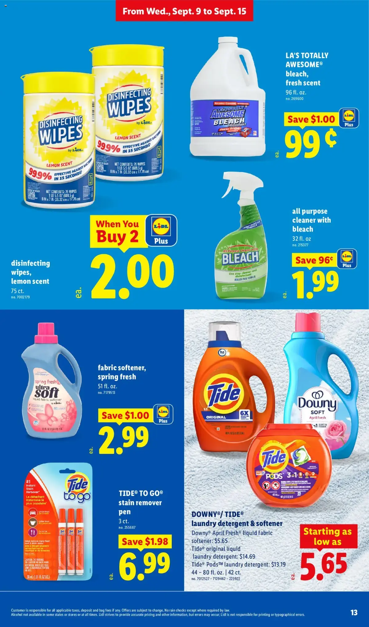 Lidl Weekly Ad, page 13 of 34, valid 09/09/2026 - 09/15/2026 — Lemon Scent, Wipes, Bleach, Disinfecting
