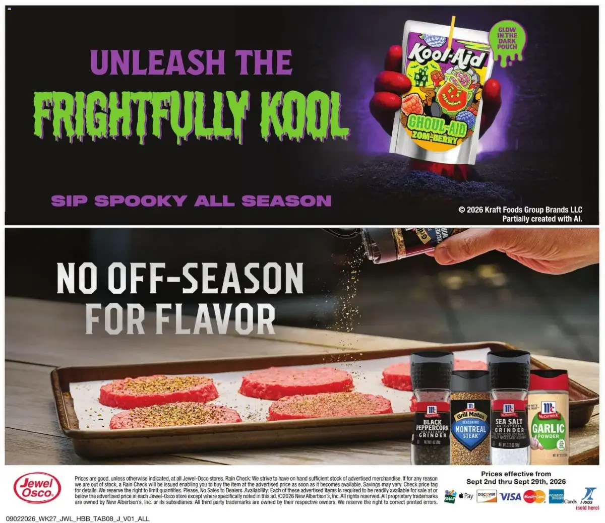 Jewel Osco Specialty Publication, page 8 of 8, valid 09/02/2026 - 09/29/2026 — Grinder, Sea Salt, Cards Pass, Grill Mates