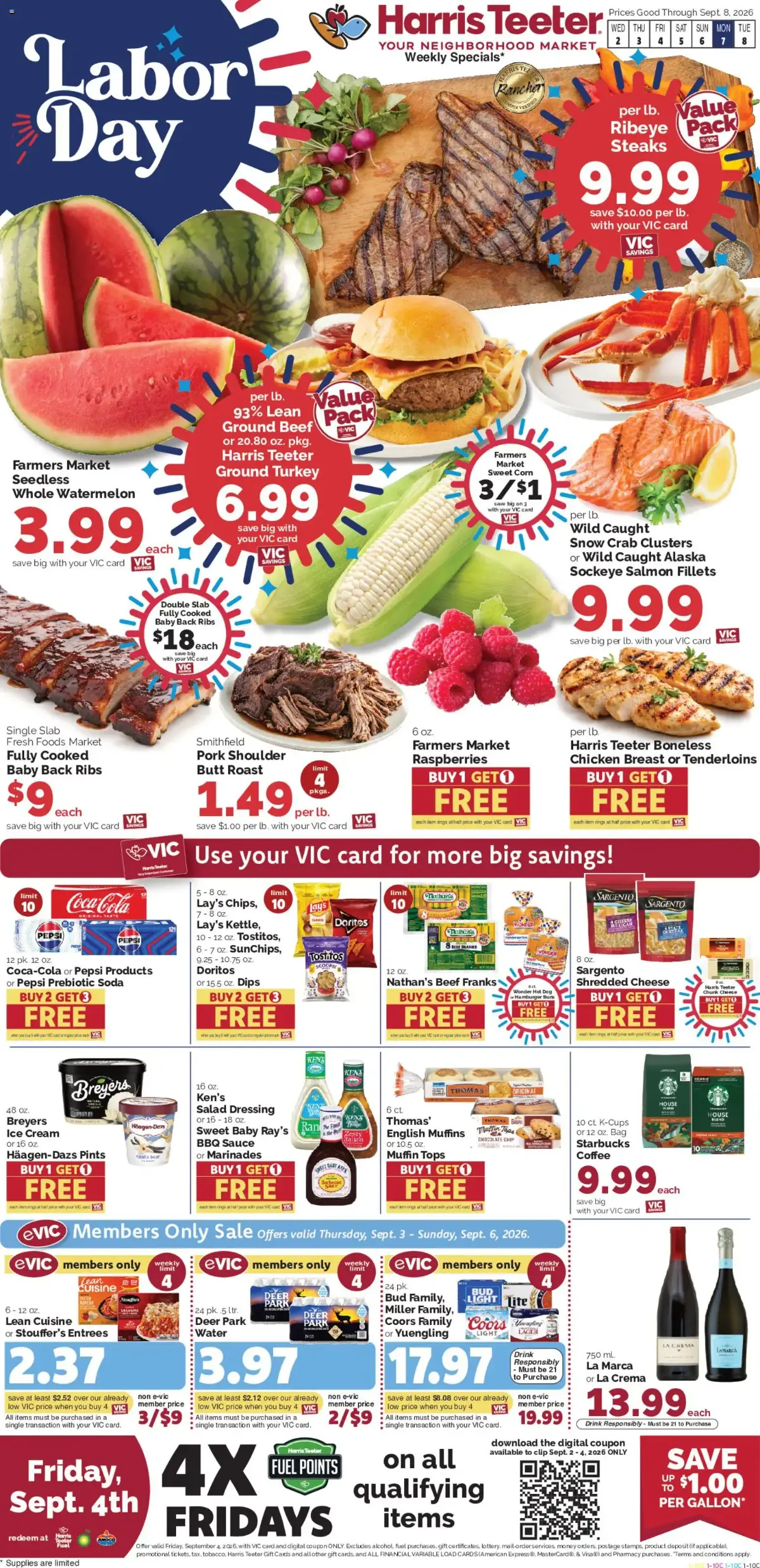 Harris Teeter Weekly Ad, page 1 of 13, valid 09/02/2026 - 09/08/2026 — Fully Cooked, Farmers Market, Coca-Cola, Ice Cream