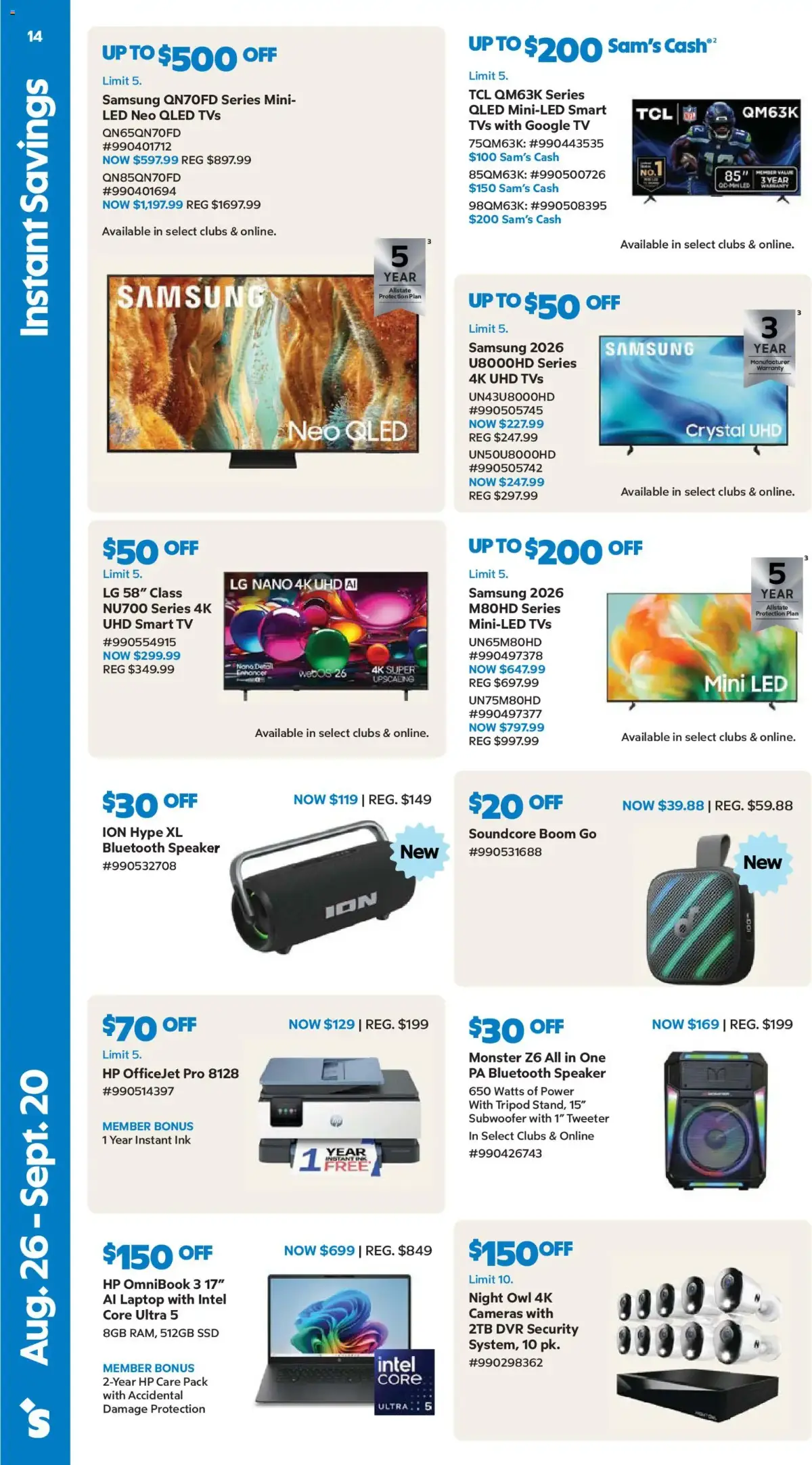 Sam's Club Weekly Ad, page 14 of 44, valid 08/26/2026 - 09/20/2026 — Samsung, Bluetooth Speaker, Aug Sept, Mini Led