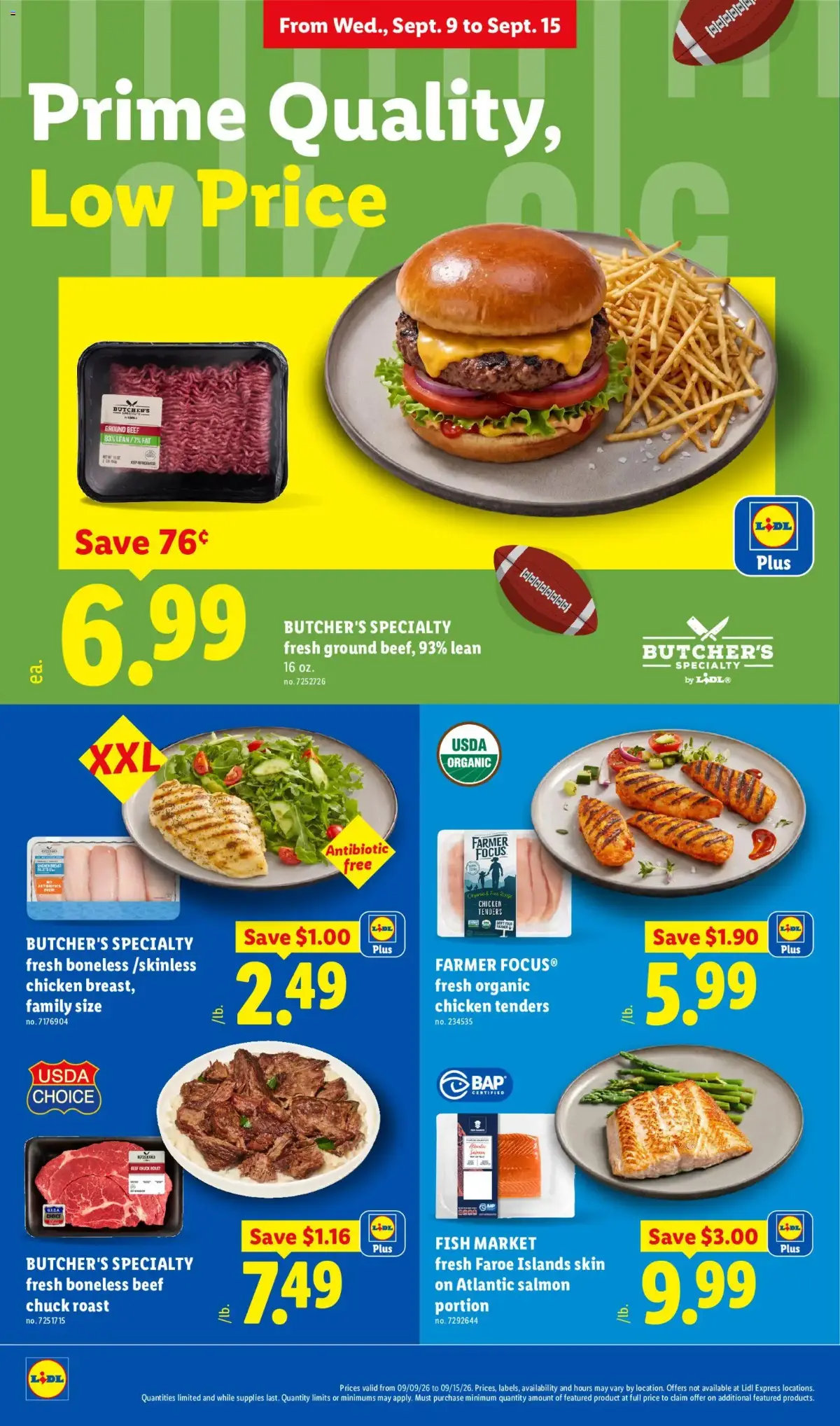 Lidl Weekly Ad, page 6 of 34, valid 09/09/2026 - 09/15/2026 — BUTCHER'S Specialty, Chuck Roast, Fish Market, Farmer Focus
