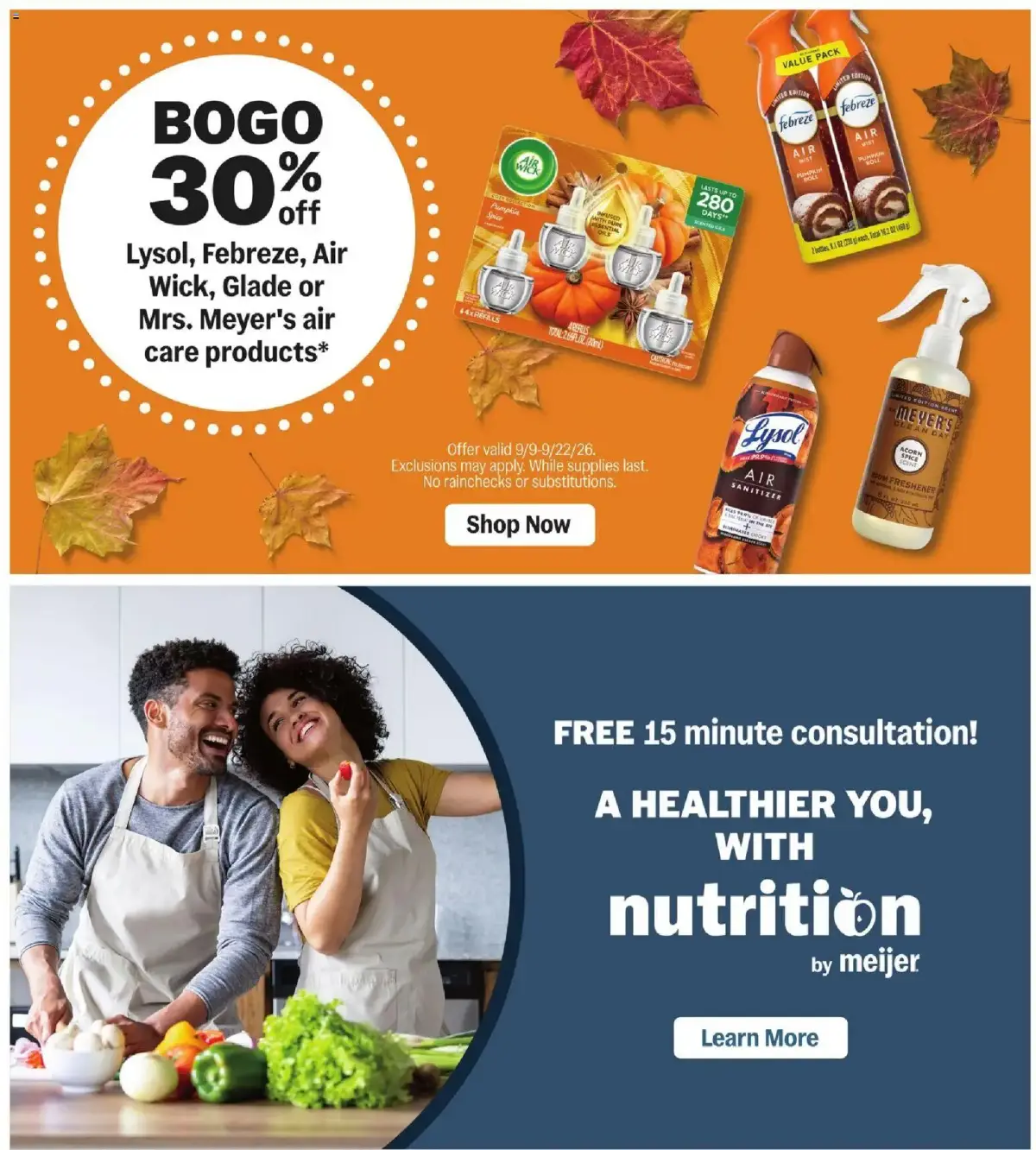Meijer Weekly Ad, page 35 of 35, valid 09/09/2026 - 09/15/2026 — Wick Glade, Meyer's Air, Care Products, Rainchecks Substitutions