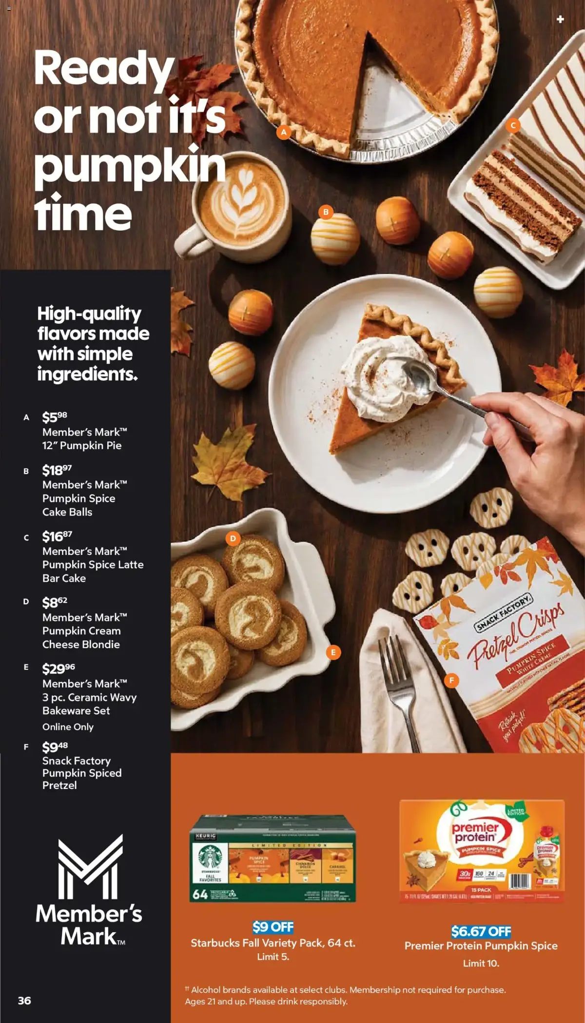 Sam's Club Weekly Ad, page 36 of 44, valid 08/26/2026 - 09/20/2026 — Member's Mark, Pumpkin Spice, Snack Factory, Premier