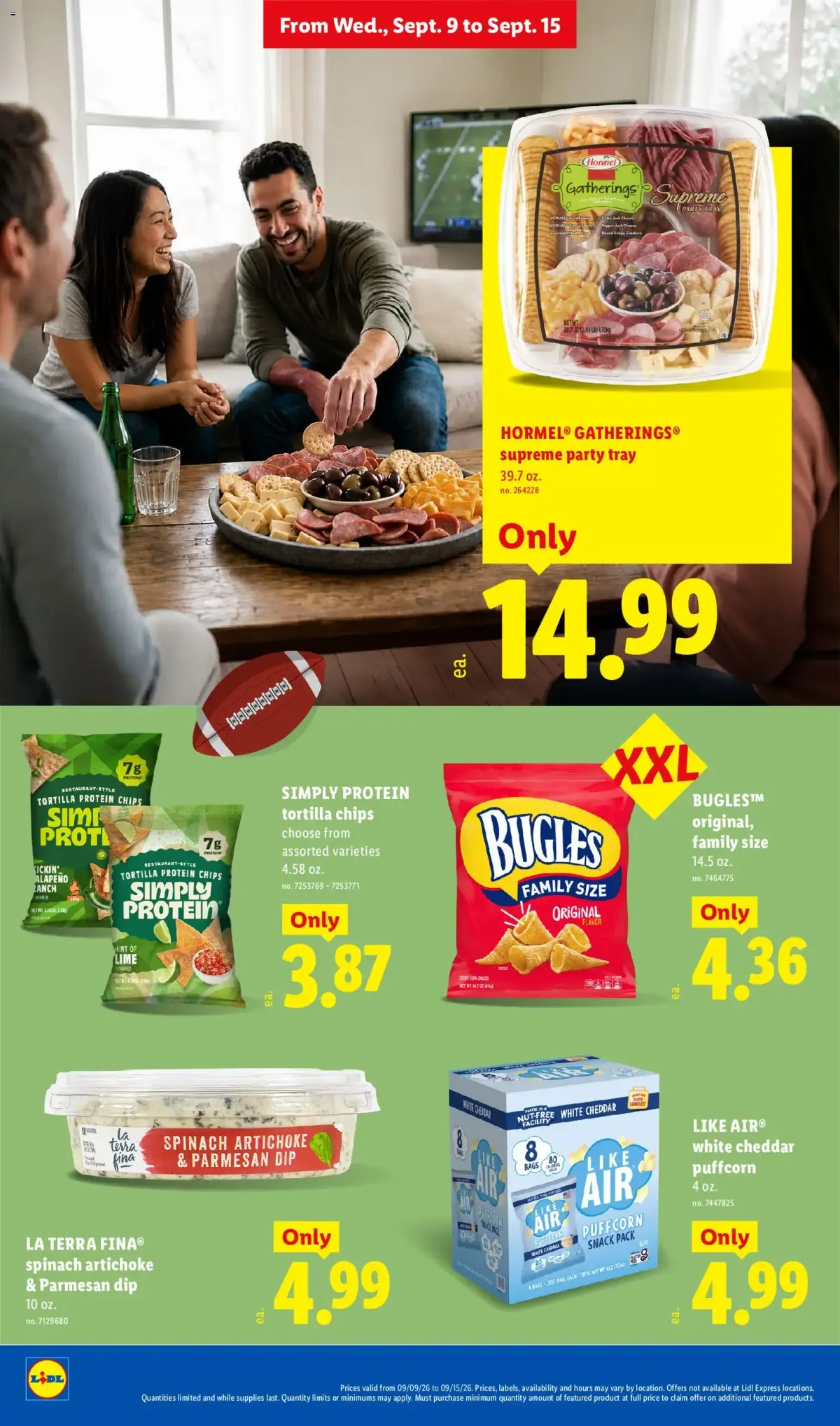 Lidl Weekly Ad, page 16 of 34, valid 09/09/2026 - 09/15/2026 — Protein Chips, Spinach Artichoke, Supreme, Tortilla