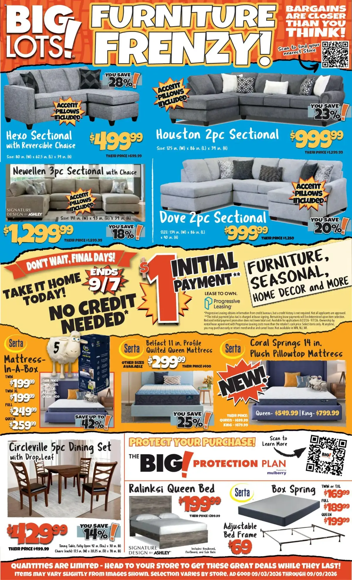 Big Lots Ad, page 1 of 2, valid 09/03/2026 - 09/09/2026 — Pillows, Queen, Design Ashley, Furniture