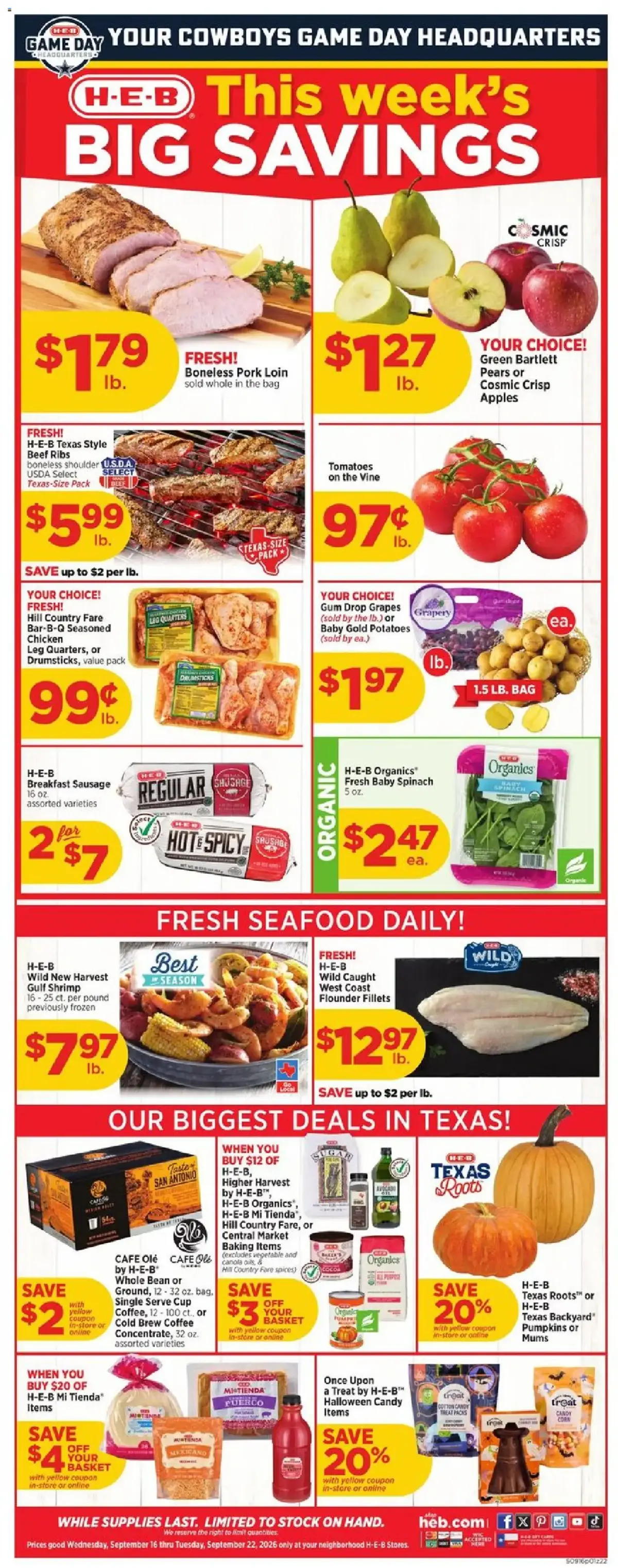 H-E-B Weekly Ad, page 1 of 3, valid 09/16/2026 - 09/22/2026
