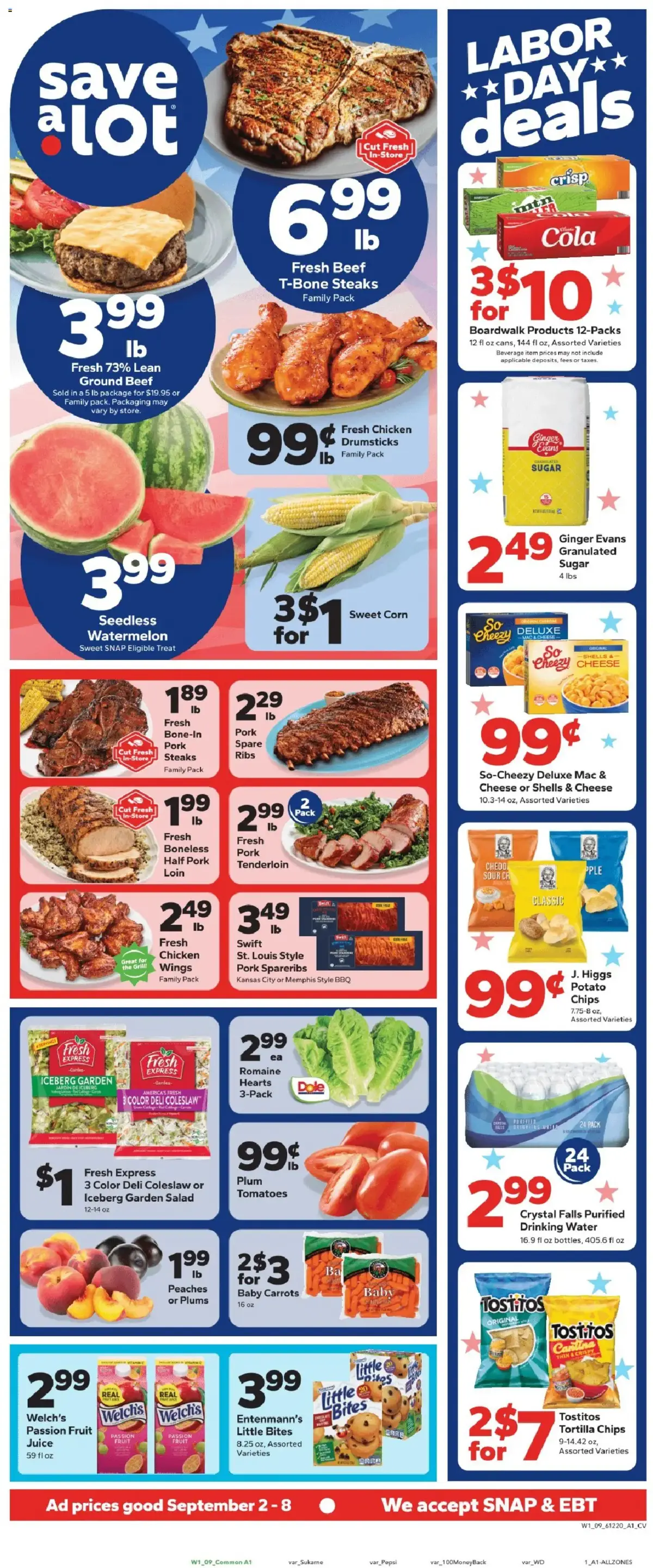 Save a Lot Weekly Ad, page 1 of 2, valid 09/02/2026 - 09/08/2026 — Sugar, Snap Ebt, Sweet Corn, Ramily Rack