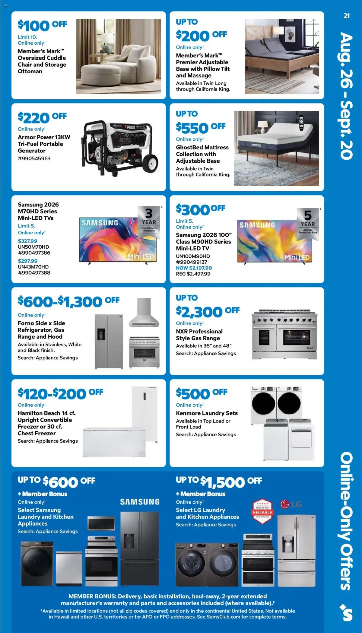 Sam's Club Weekly Ad, page 21 of 44, valid 08/26/2026 - 09/20/2026 — Online Onlyt, Samsung, Member's Mark, Side Side