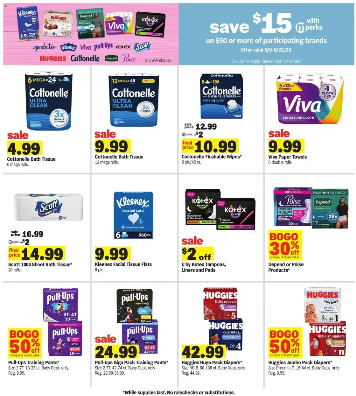 Meijer Weekly Ad, page 30 of 35, valid 09/09/2026 - 09/15/2026 — Cottonelle, Huggies, Bath Tissue, Depend