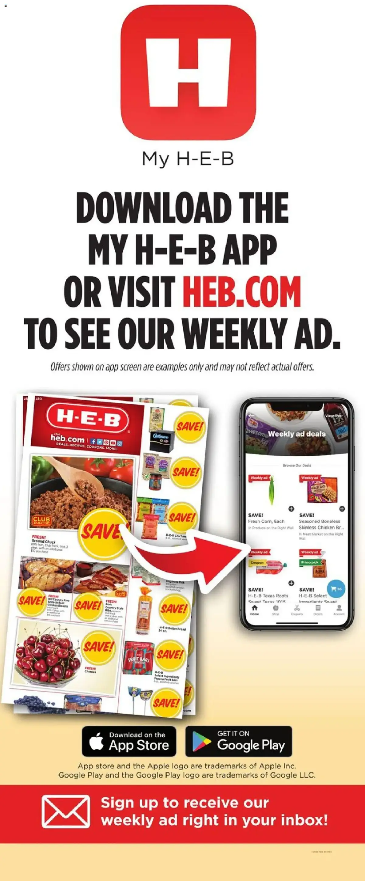 H-E-B Weekly Ad, page 3 of 3, valid 09/09/2026 - 09/15/2026 — Heb Com, Google Play, Skinless Chicken, Visit
