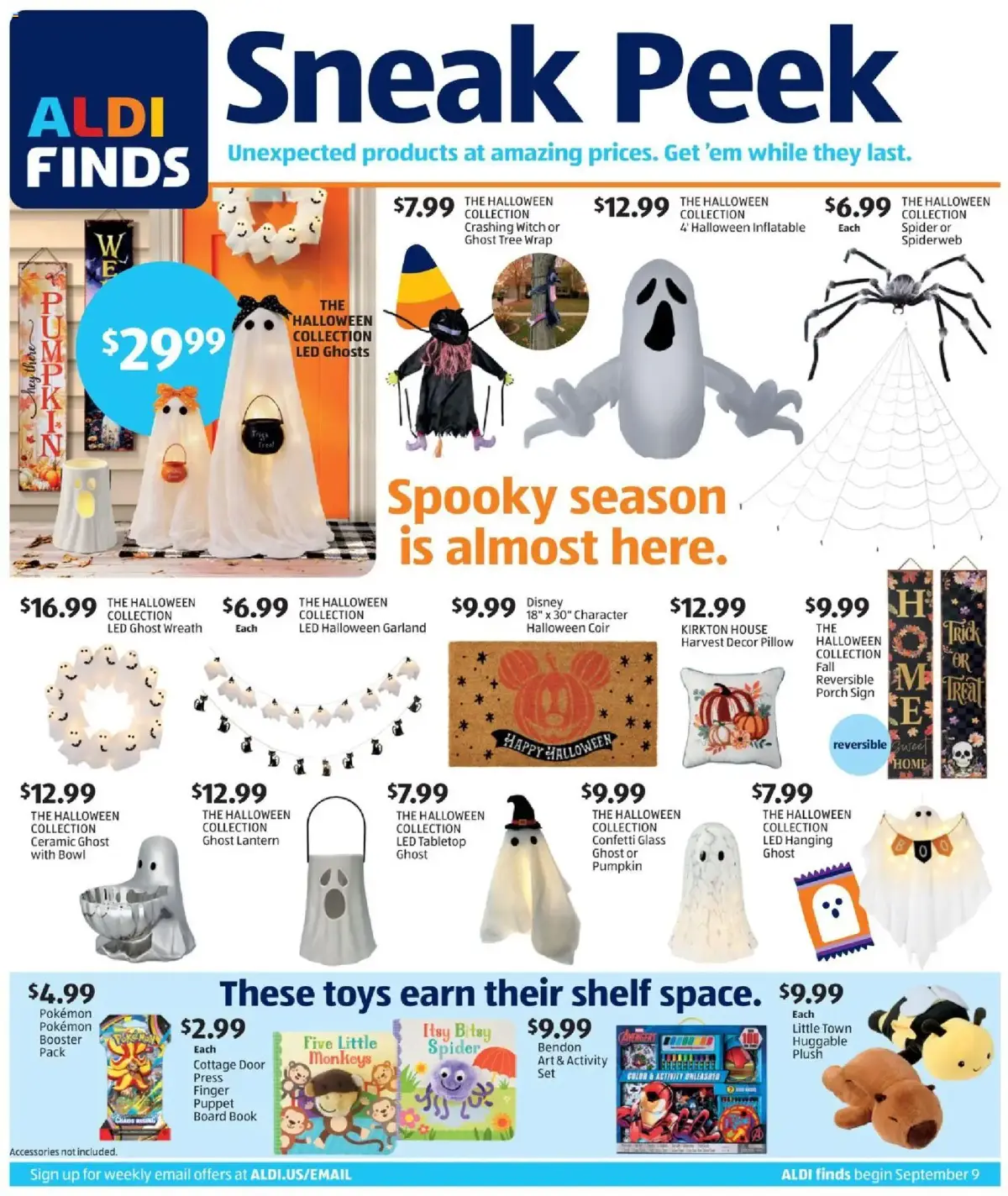 Aldi In Store Ad, page 1 of 2, valid 09/09/2026 - 09/15/2026 — Halloween, Tree Wrap, Porch Sign, Board Book