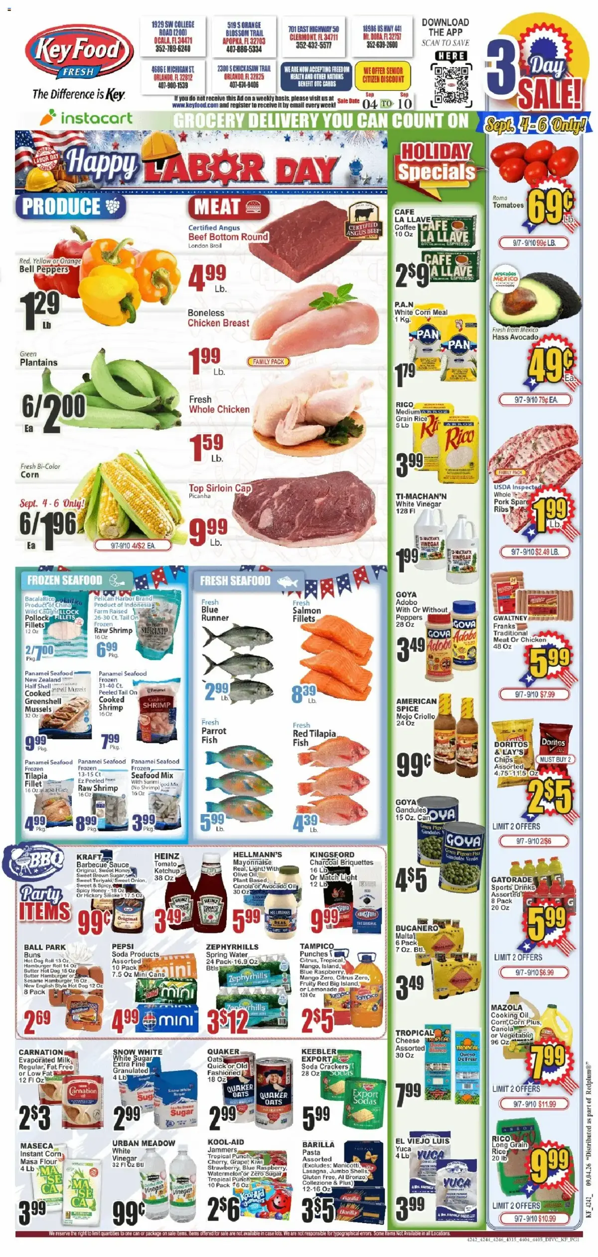 Key Food Weekly Ad, page 1 of 4, valid 09/04/2026 - 09/10/2026 — Quaker, Shrimp, Labor Day, Corn Meal