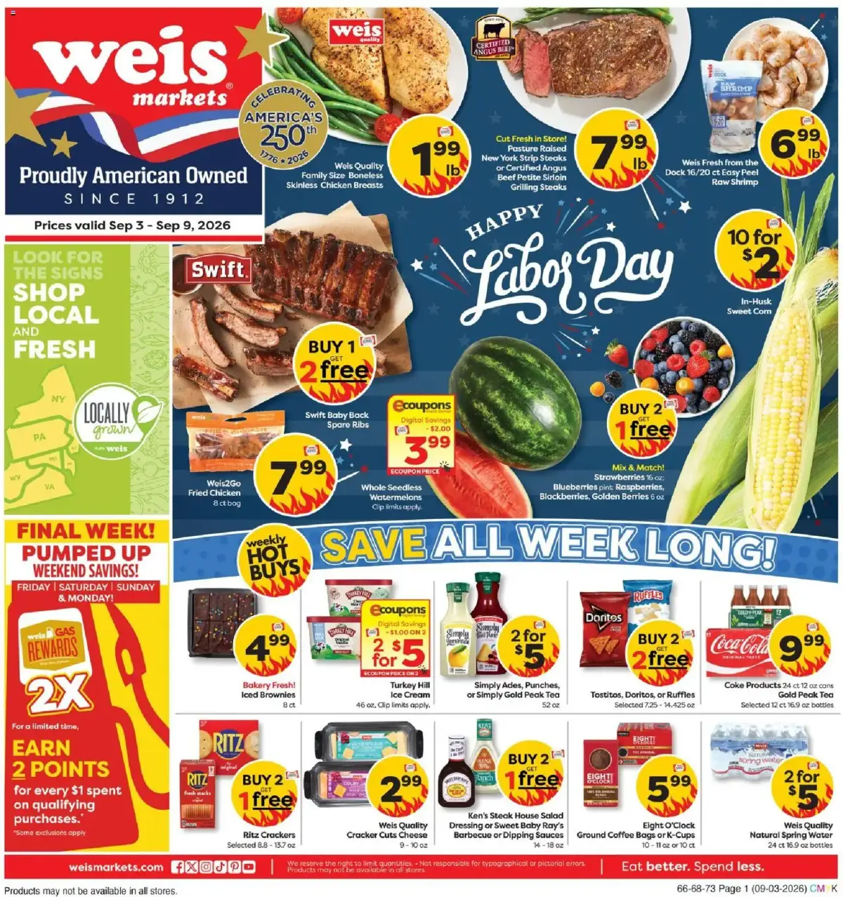 Weis Weekly Ad, page 1 of 4, valid 09/03/2026 - 09/09/2026 — Simply, Peak Tea, Limits Apply, Clip