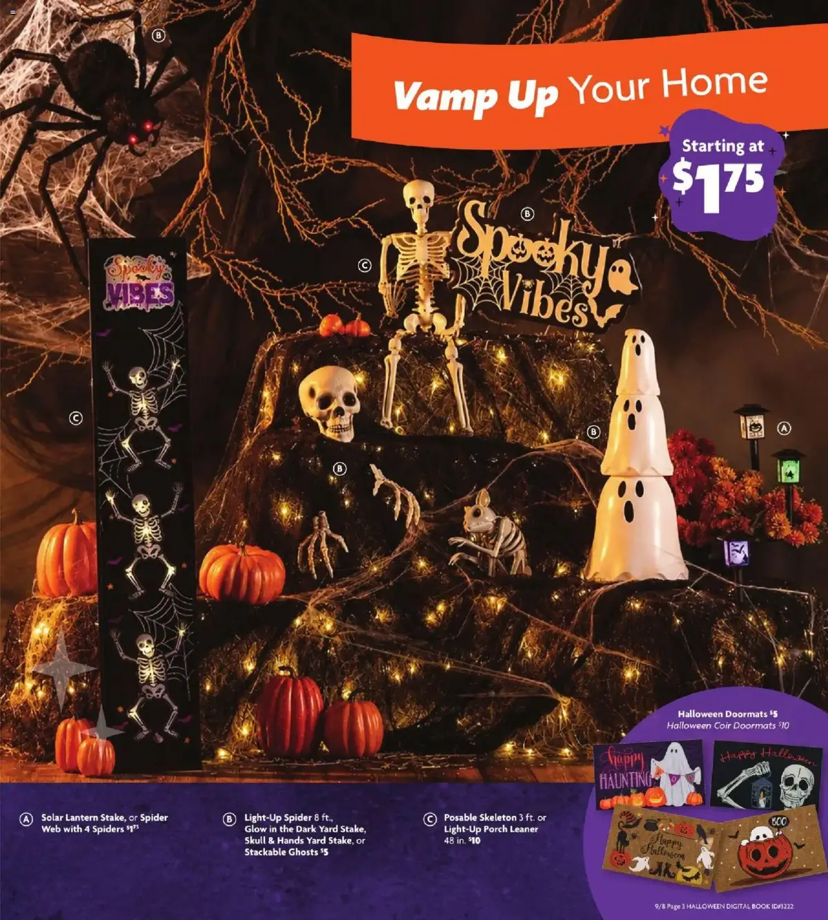 Family Dollar Halloween Book, page 4 of 11, valid 09/08/2026 - 10/31/2026 — Yard Stake, Stake Spider, Porch Leaner, Coir Doormats