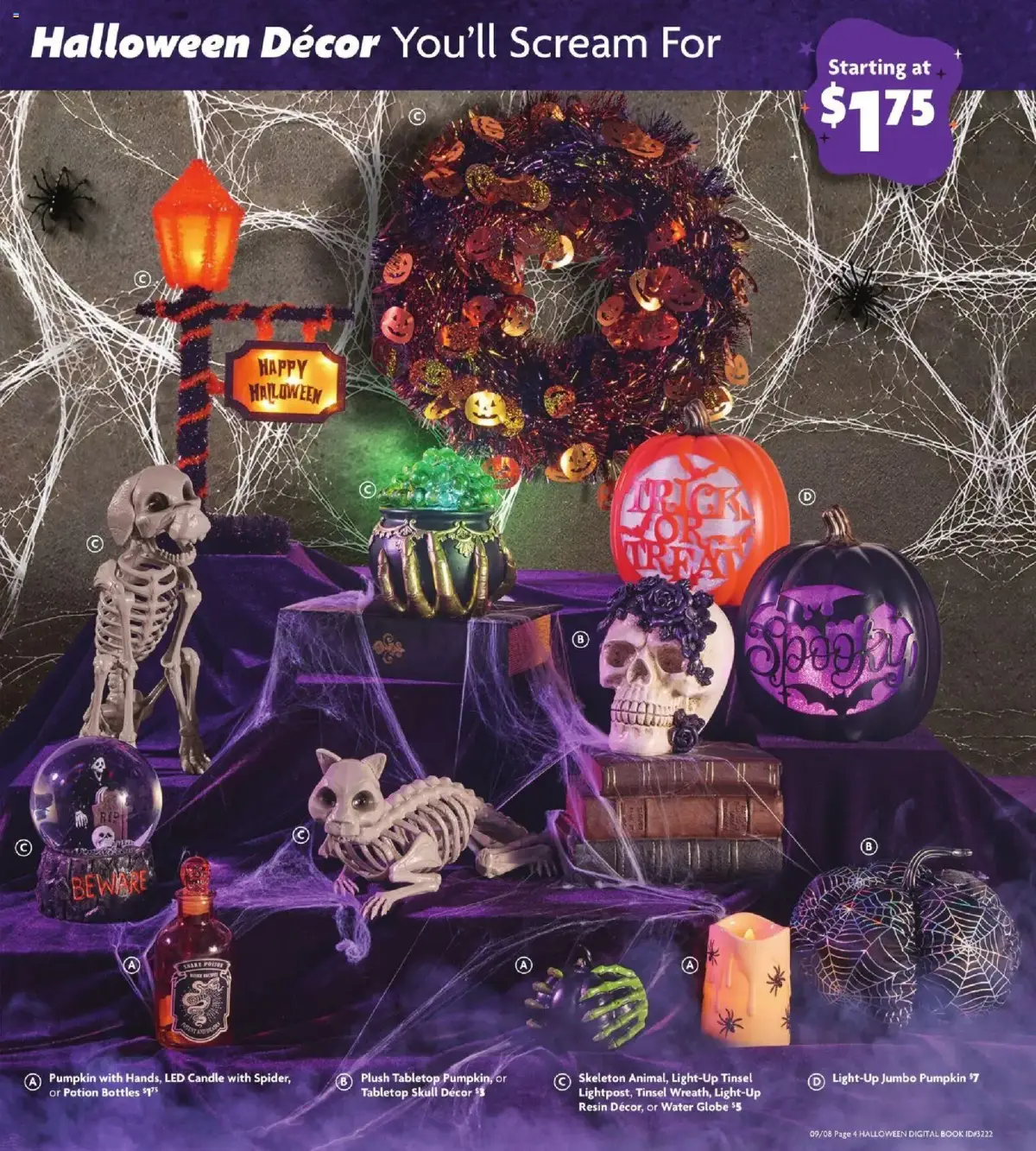 Family Dollar Halloween Book, page 5 of 11, valid 09/08/2026 - 10/31/2026 — Water Globe, Jumbo Pumpkin, Light-Up Tinsel, Wreath Light-Up