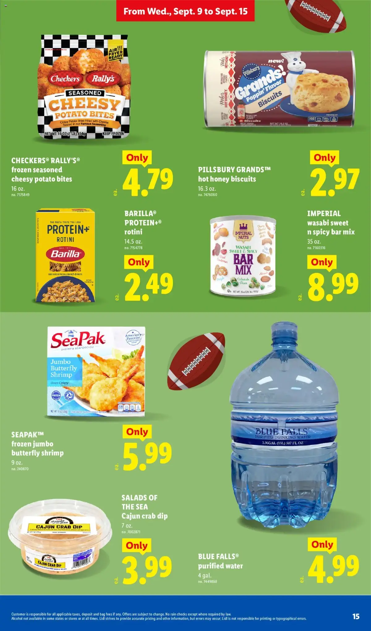Lidl Weekly Ad, page 15 of 34, valid 09/09/2026 - 09/15/2026 — Blue Falls, Potato Bites, Cheesy, Keep Frozen