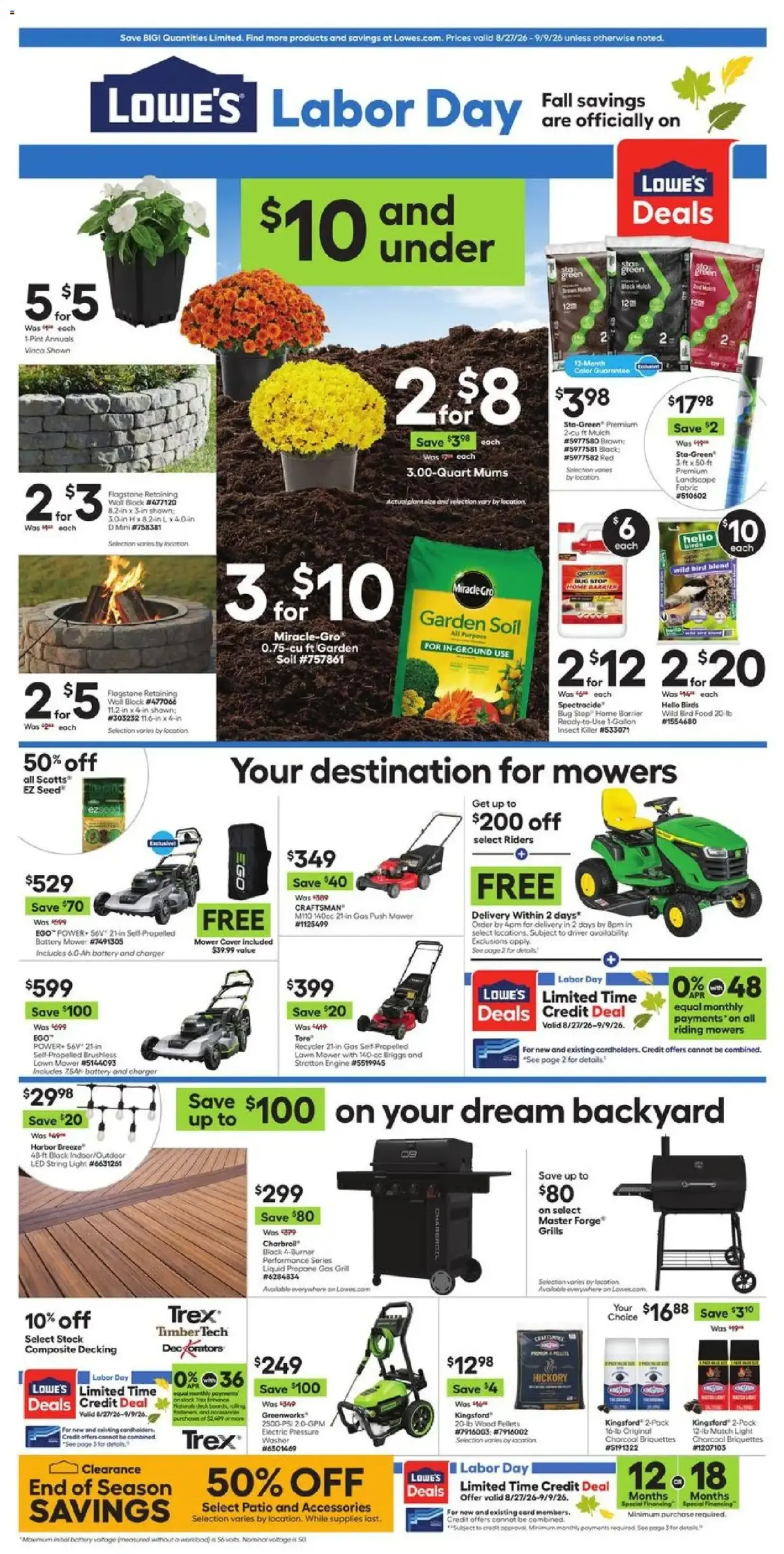 Lowe's Weekly Ad, page 1 of 6, valid 08/27/2026 - 09/09/2026 — Labor Day, Months, Bad Food, End Season
