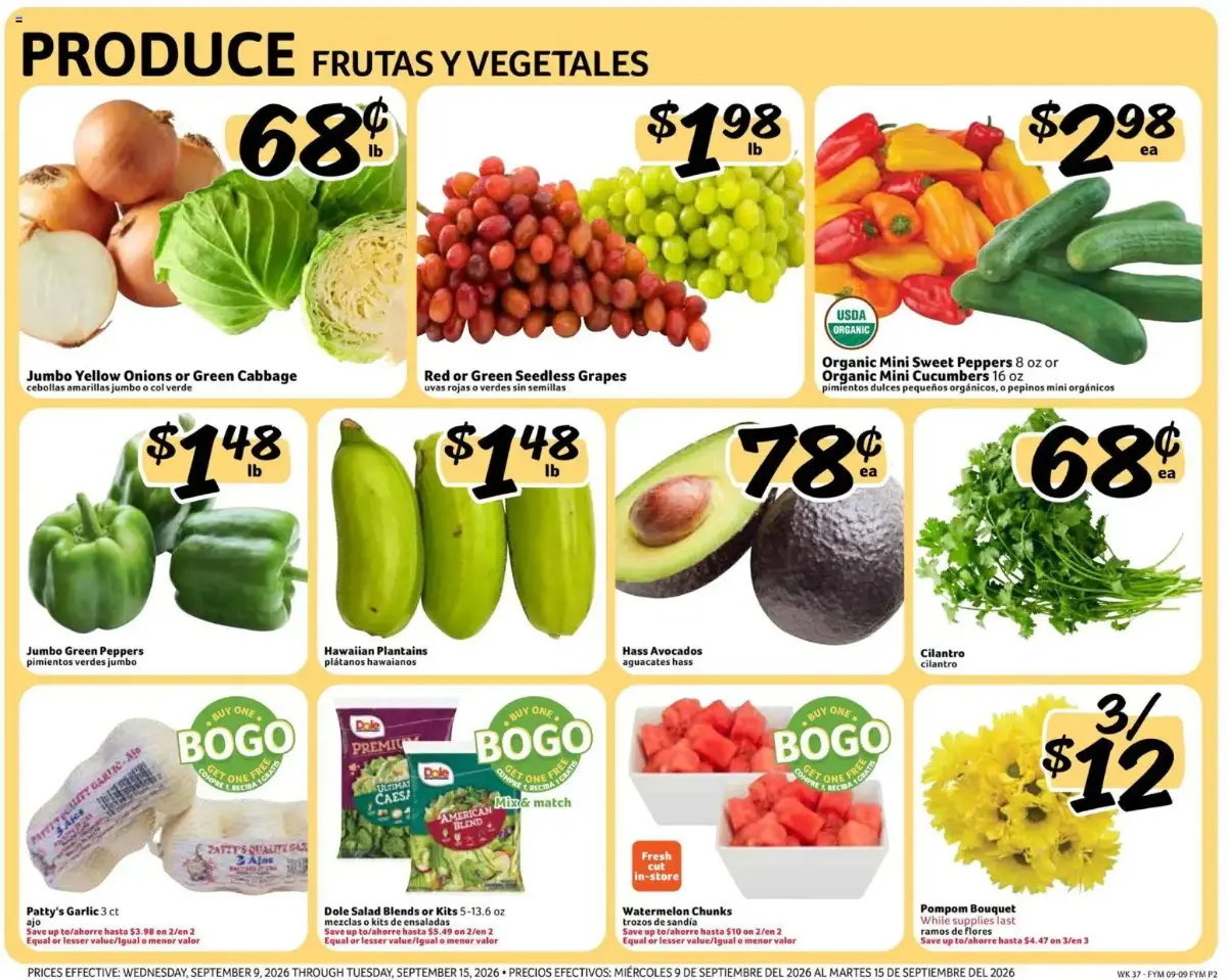 Fresco y Más Weekly Ad, page 2 of 8, valid 09/09/2026 - 09/15/2026 — Organic, Col Verde, Blends Kits, Globe Grapes