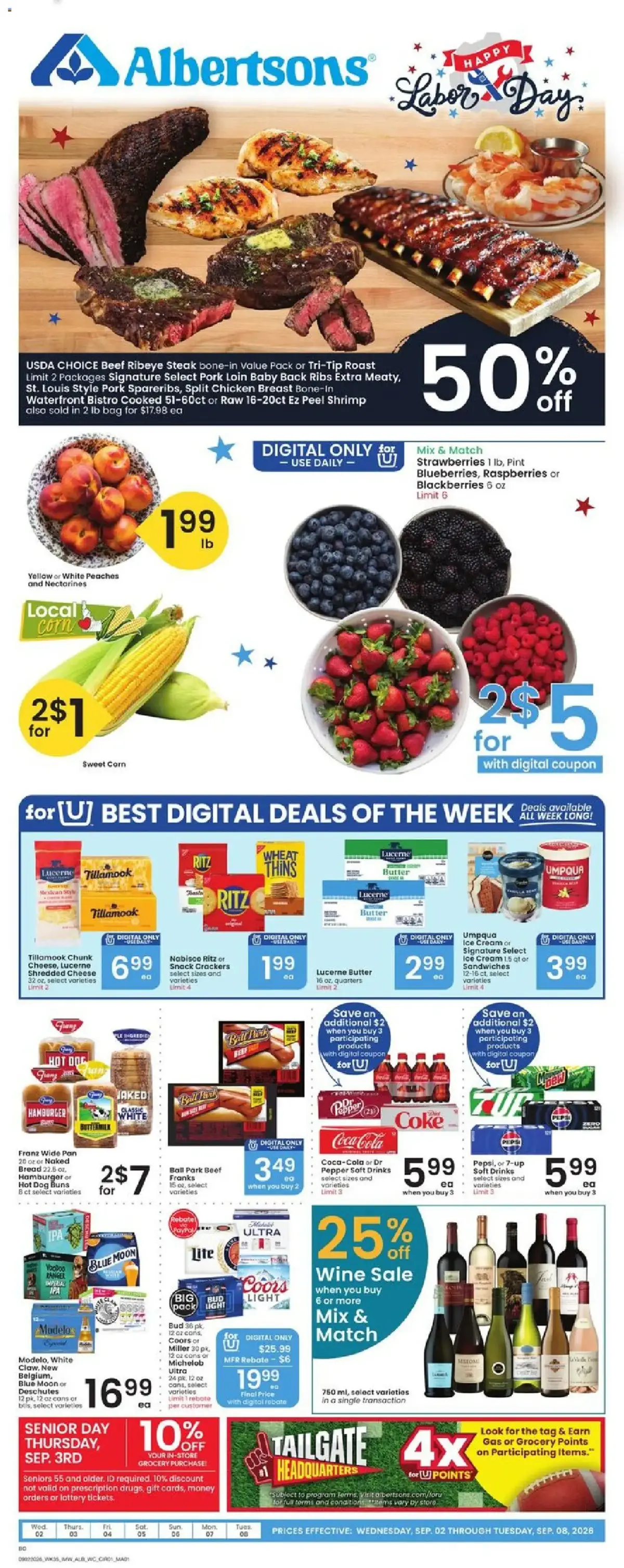 Albertsons Weekly Ad, page 1 of 9, valid 09/02/2026 - 09/08/2026 — Additional, Use Daily, Park Beef, Sweet Corn