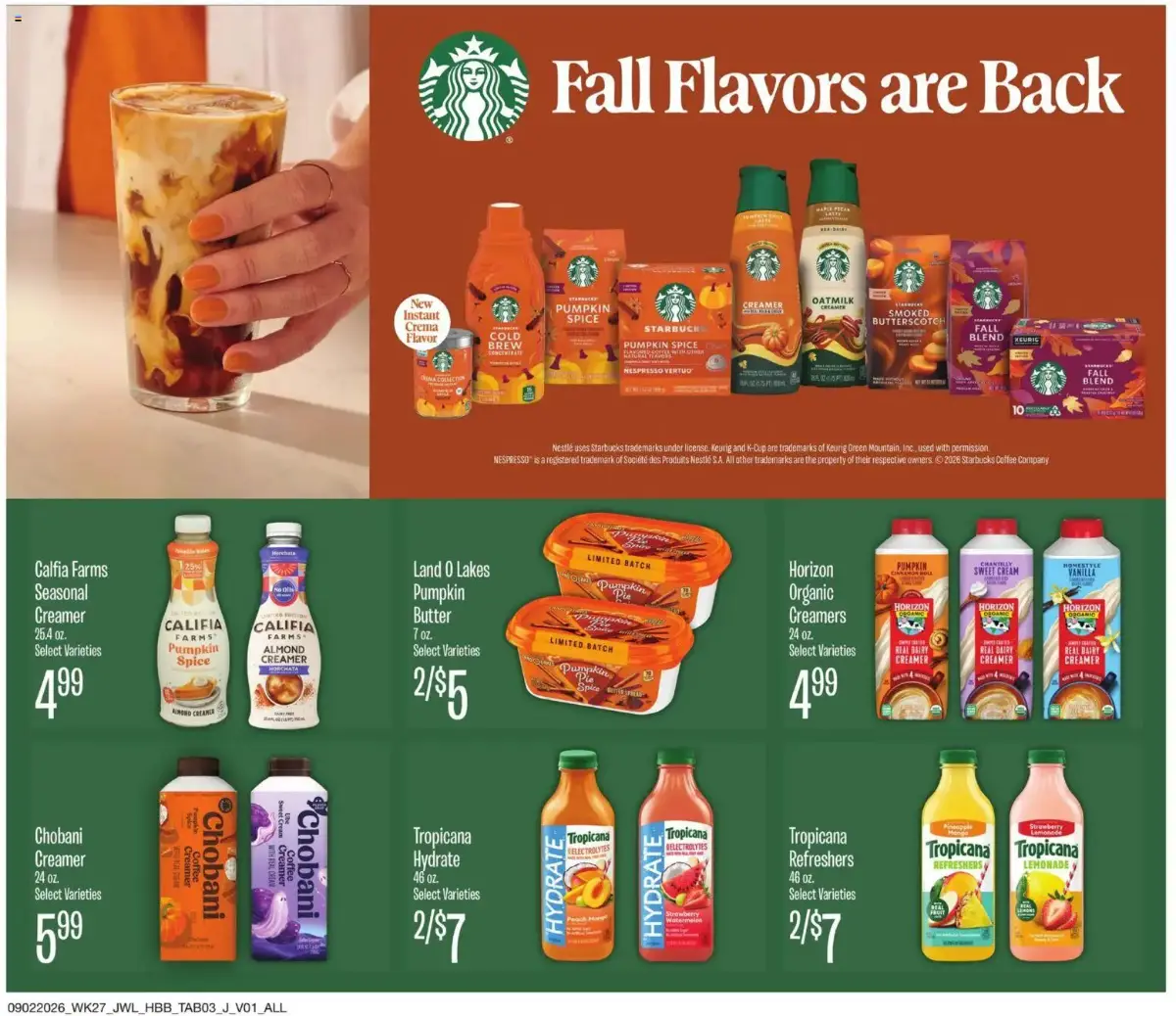 Jewel Osco Specialty Publication, page 3 of 8, valid 09/02/2026 - 09/29/2026 — Tropicana, Creamer, Chobani, Spice