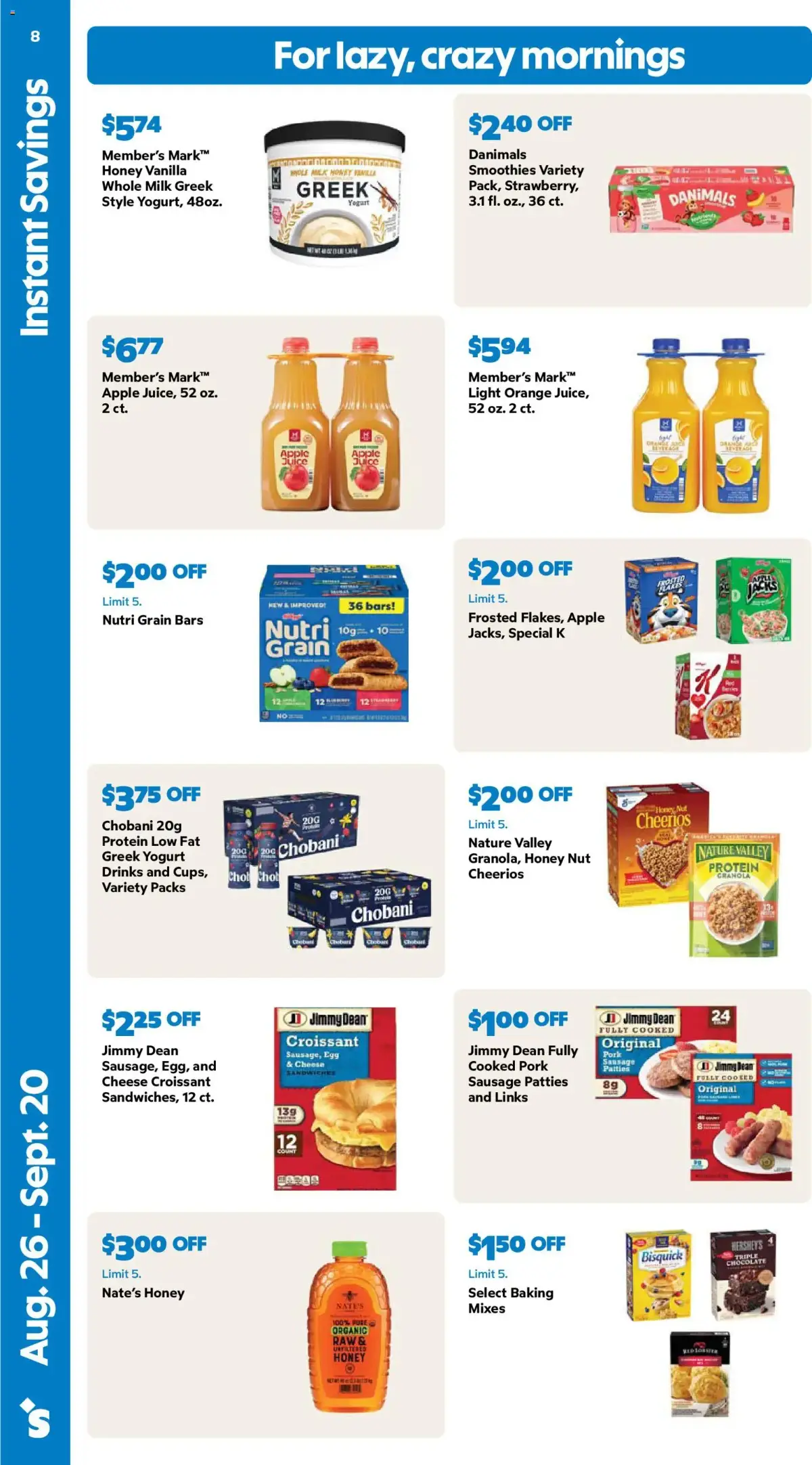 Sam's Club Weekly Ad, page 8 of 44, valid 08/26/2026 - 09/20/2026 — Member's Mark, Jimmy Dean, Nutri, Original