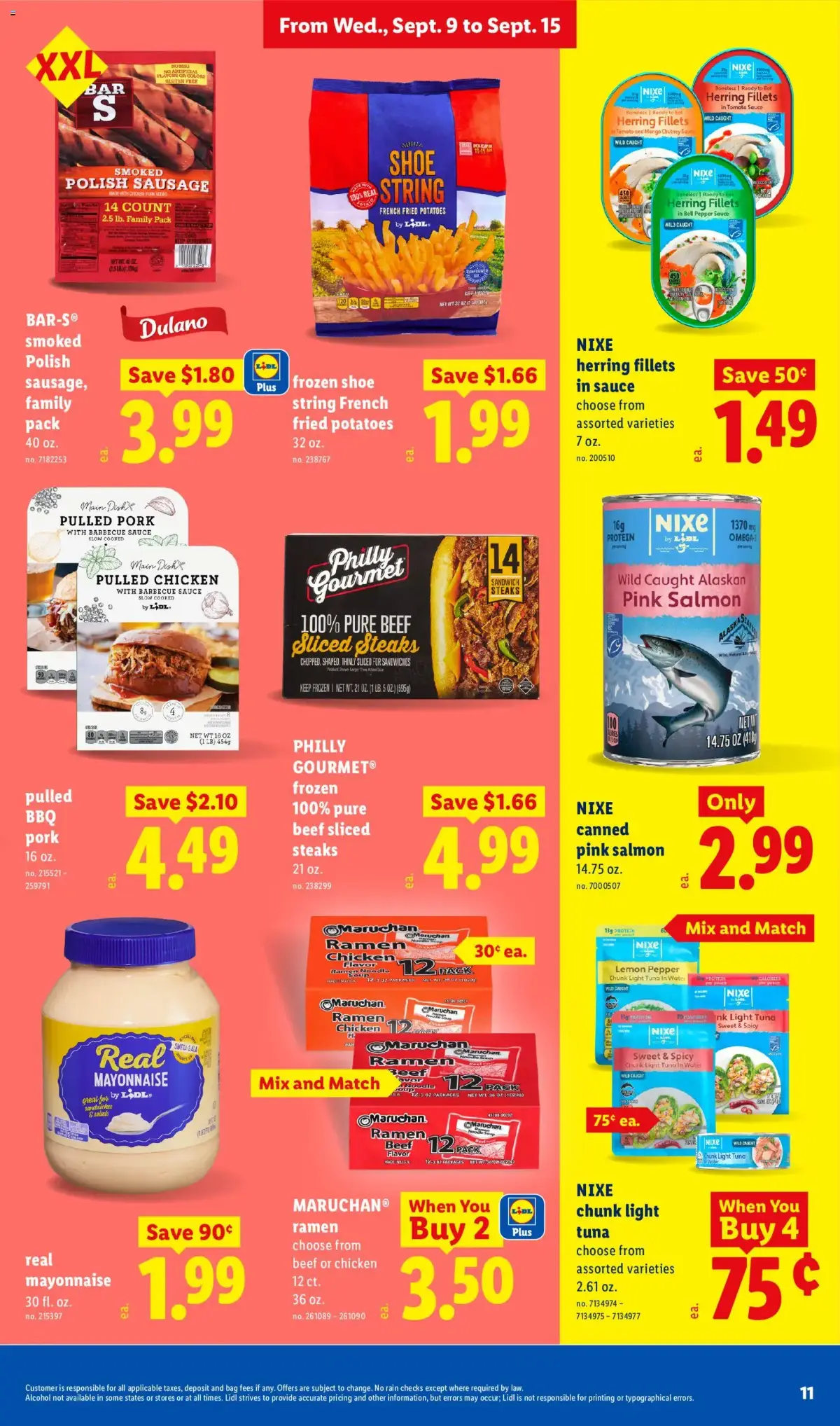 Lidl Weekly Ad, page 11 of 34, valid 09/09/2026 - 09/15/2026 — Herring Fillets, Ramen, Pink Salmon, Fried Potatoes
