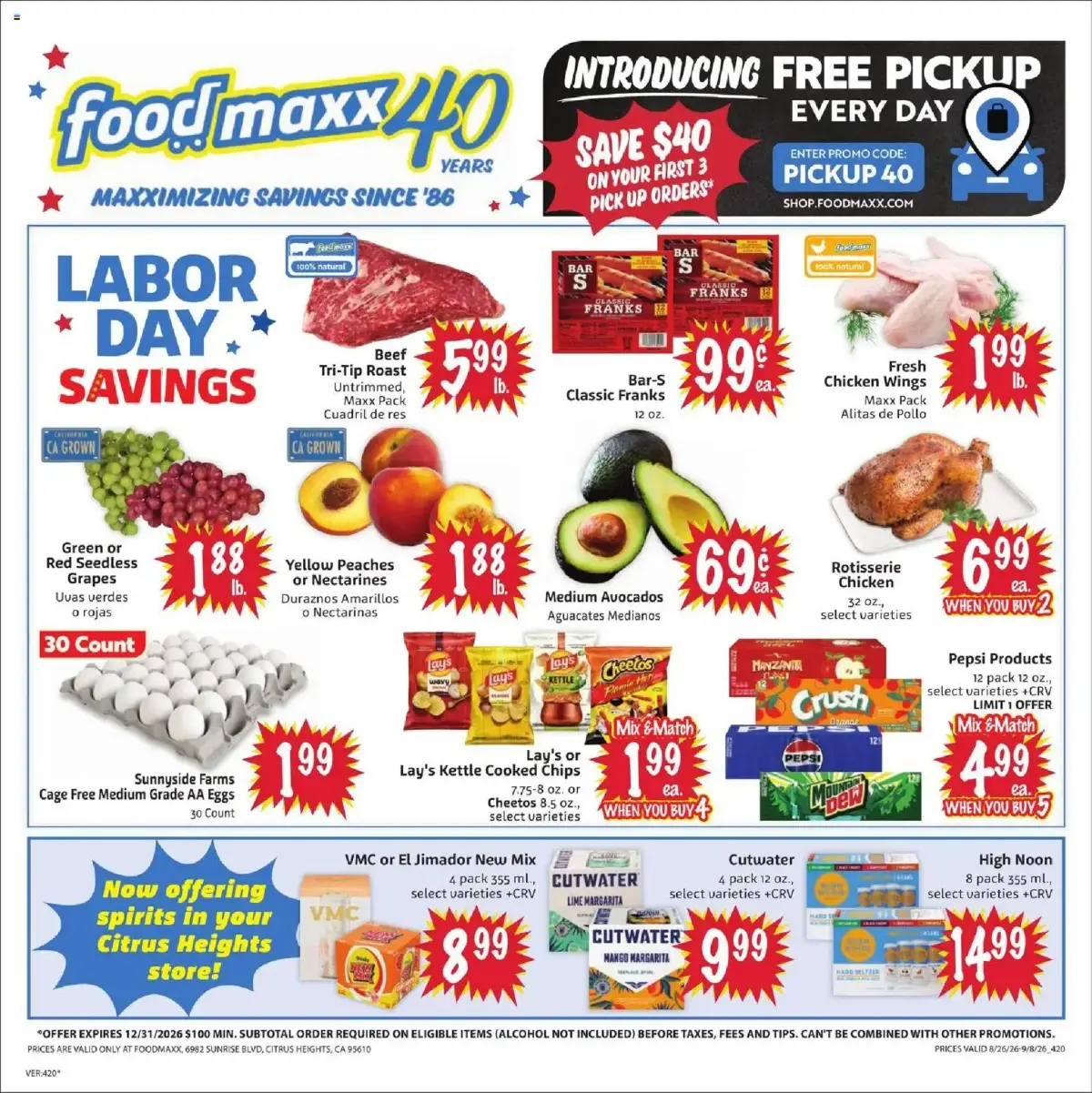 FoodMaxx Weekly Ad, page 1 of 2, valid 08/26/2026 - 09/08/2026 — Grown, Franks, High Noon, Promo Code