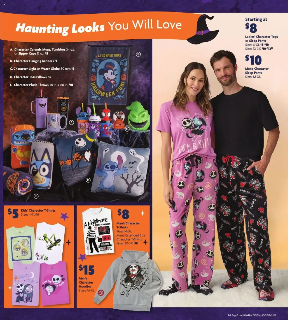 Family Dollar Halloween Book, page 8 of 11, valid 09/08/2026 - 10/31/2026 — Character, Sleep Pants, Have Some, Elm Street