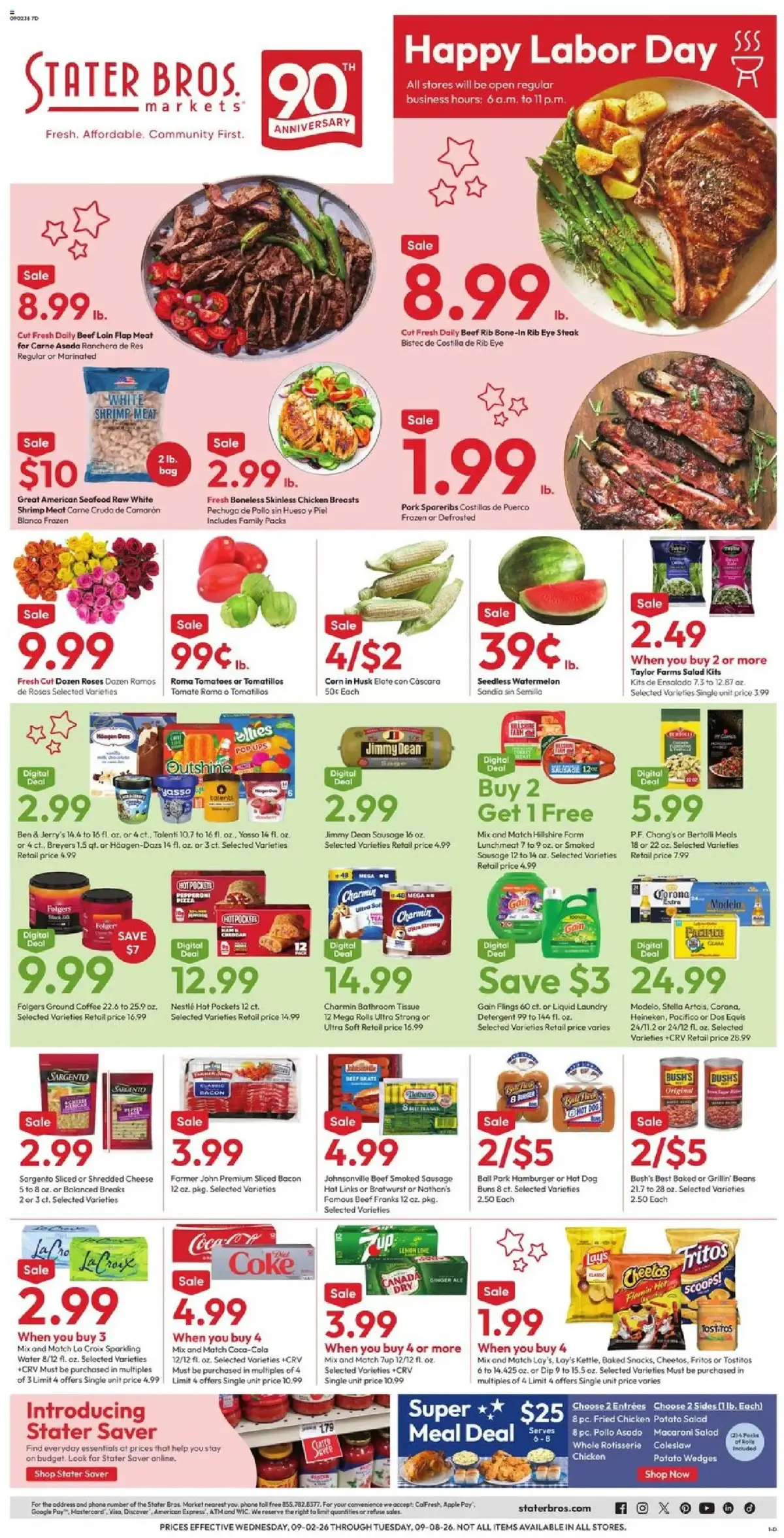 Stater Bros Weekly Ad, page 1 of 7, valid 09/02/2026 - 09/08/2026 — Labor Day, Jimmy Dean, Shrimp Meat, Hot Pockets