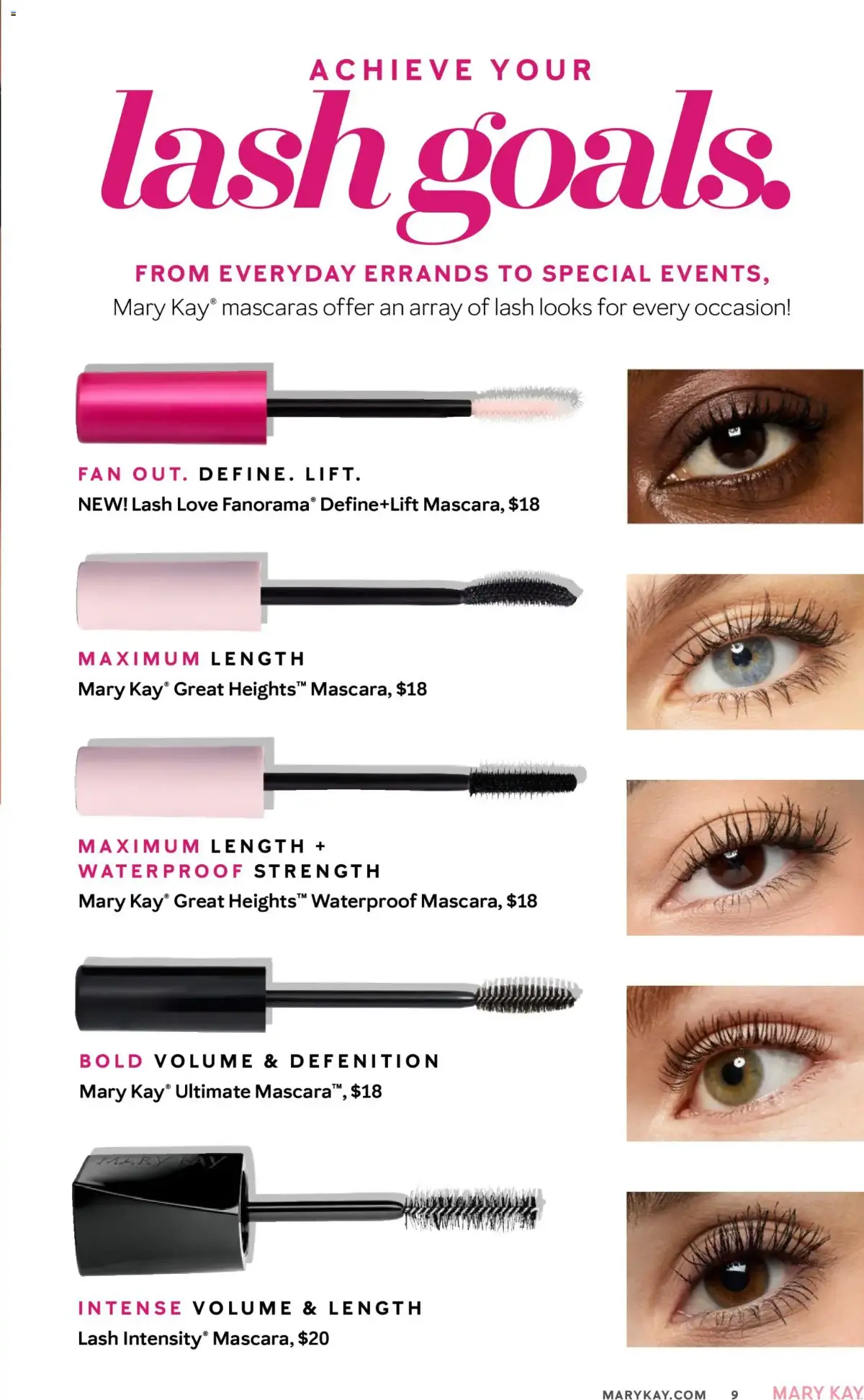 Mary Kay The Look Summer 2026, page 9 of 36, valid 05/16/2026 - 09/16/2026 — Maximum Length, Lash Goals, Define Lift, Volume Length