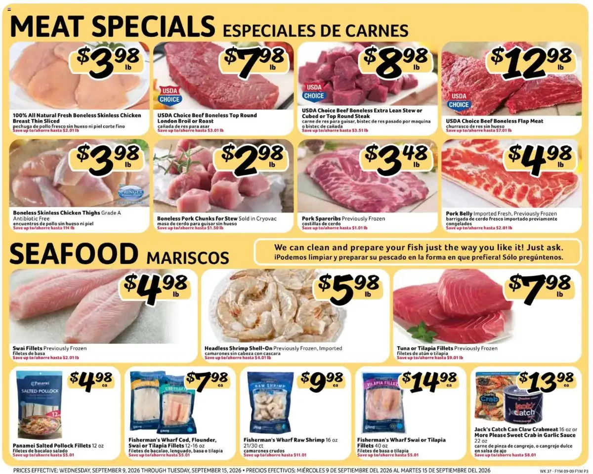 Fresco y Más Weekly Ad, page 3 of 8, valid 09/09/2026 - 09/15/2026 — Fisherman's, Raw Shrimp, Tilapia Fillets, Style Ribs